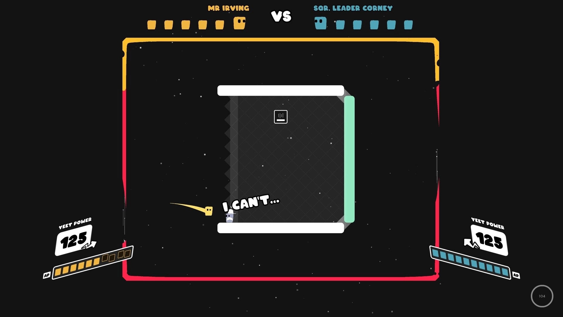 Nice To Yeet You: Mr. Irving vs. Sqr. Leader Corney in a platform duel with Yeet Power indicators shown