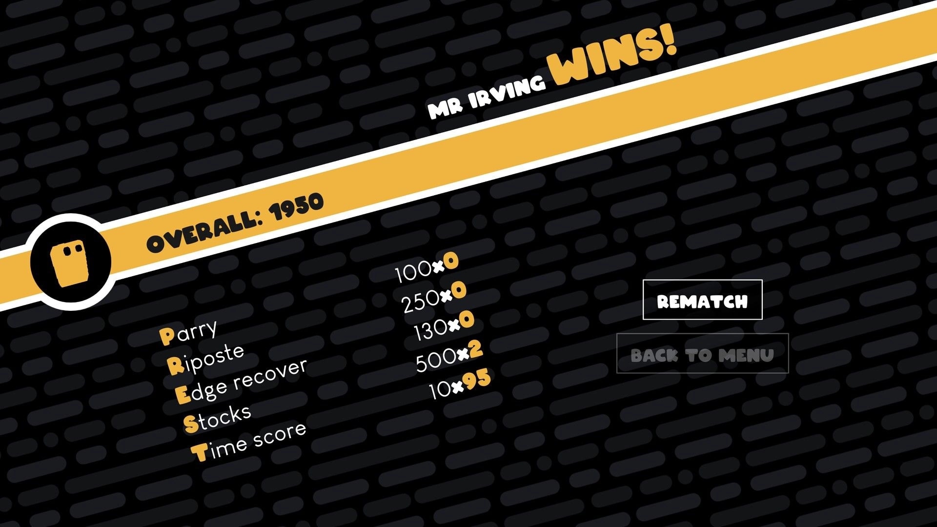 Nice To Yeet You: Victory screen with Mr. Irving winning, score breakdown, and rematch option visible
