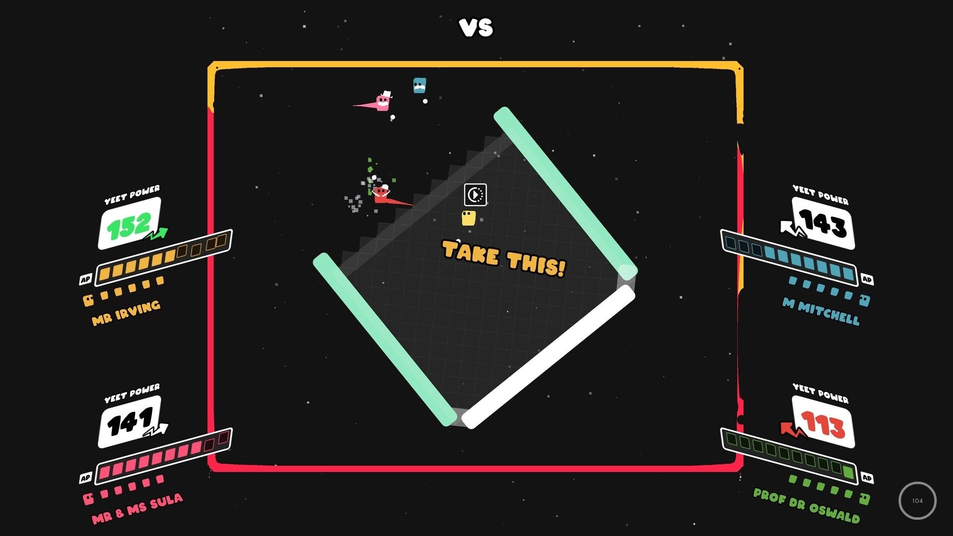 Nice To Yeet You: Four players with yeet power bars battling in a colorful arena with "TAKE THIS!" text