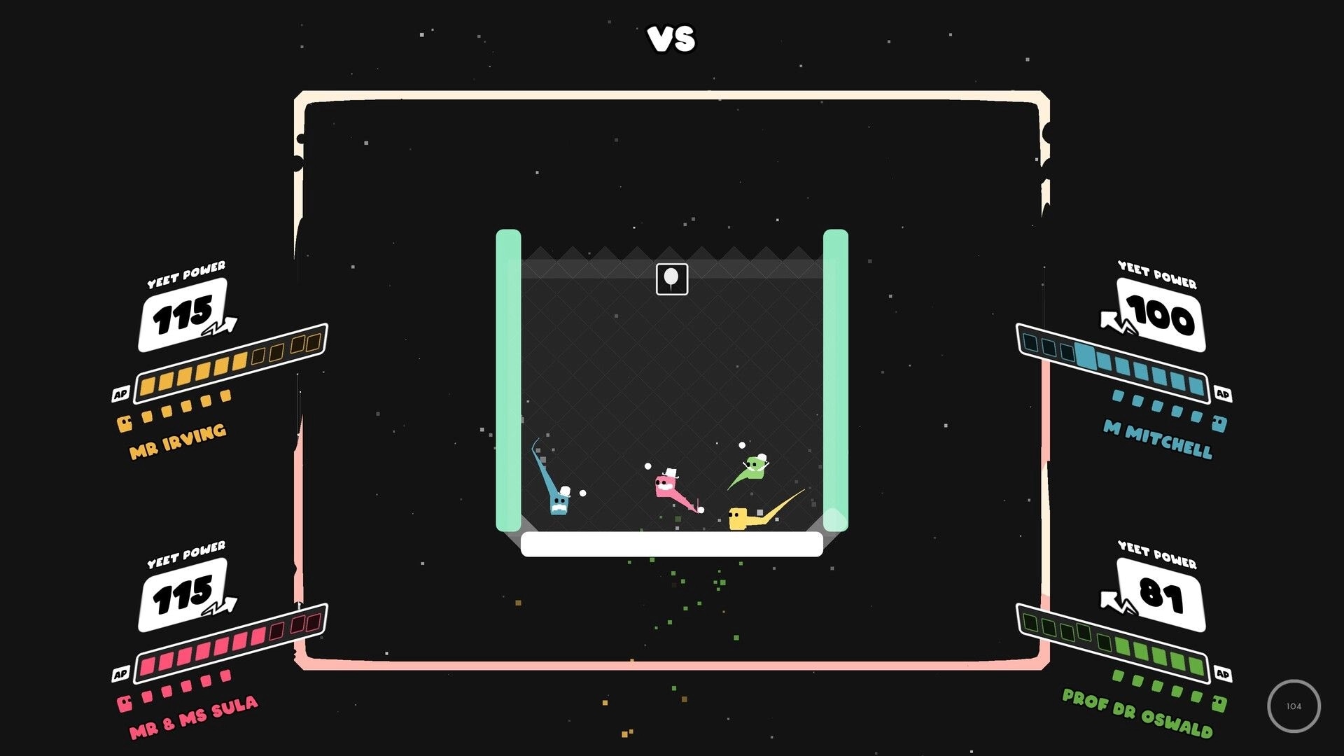 Nice To Yeet You: Four colorful characters face off in a confined arena with yeet power stats displayed.