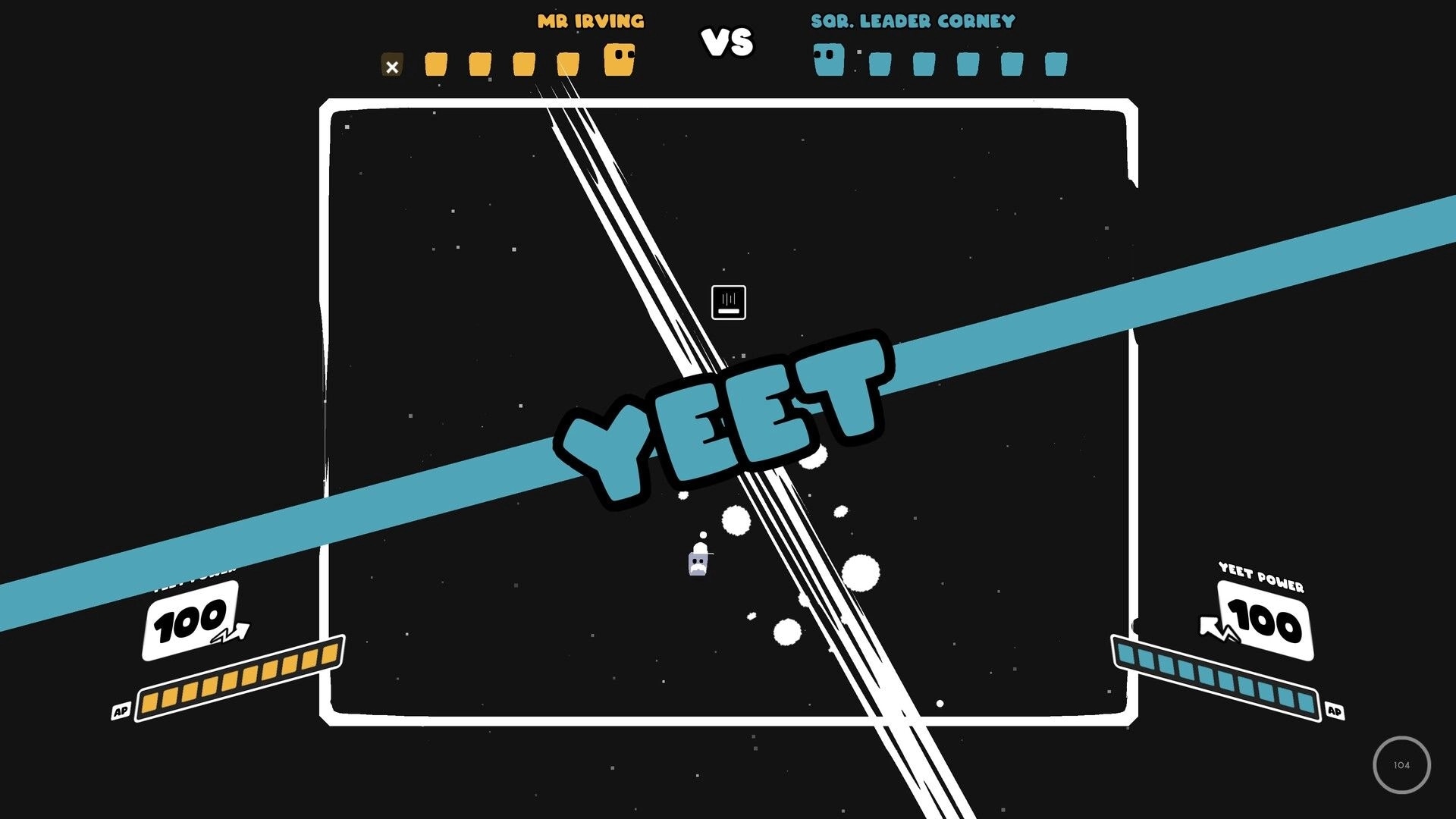 Nice To Yeet You: Mr. Irving vs. Sqr. Leader Corney with "YEET" text in a black and white arena