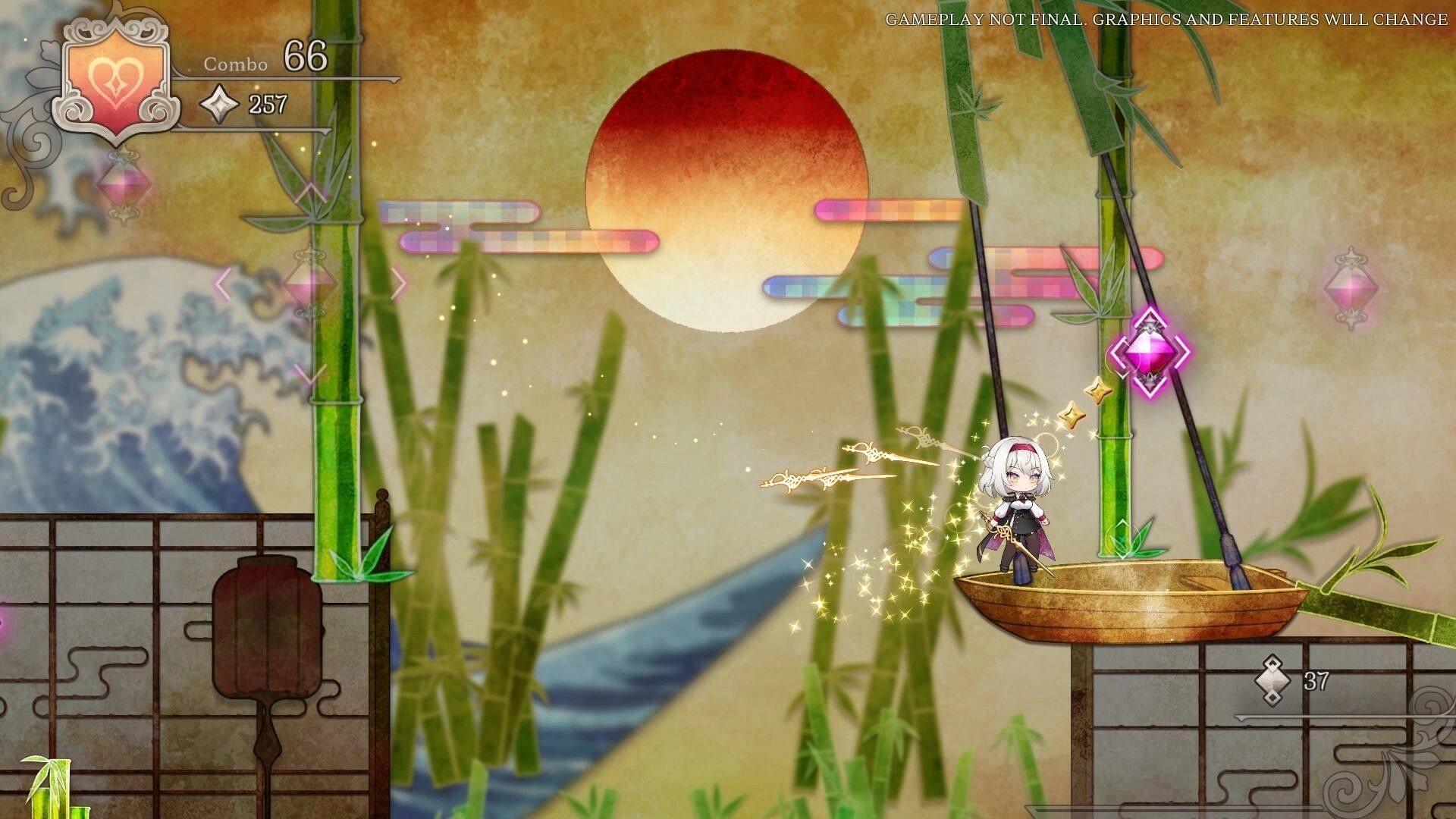 Nientum: Character on platform with bamboo backdrop, combo counter at 66, collecting pink gemstones
