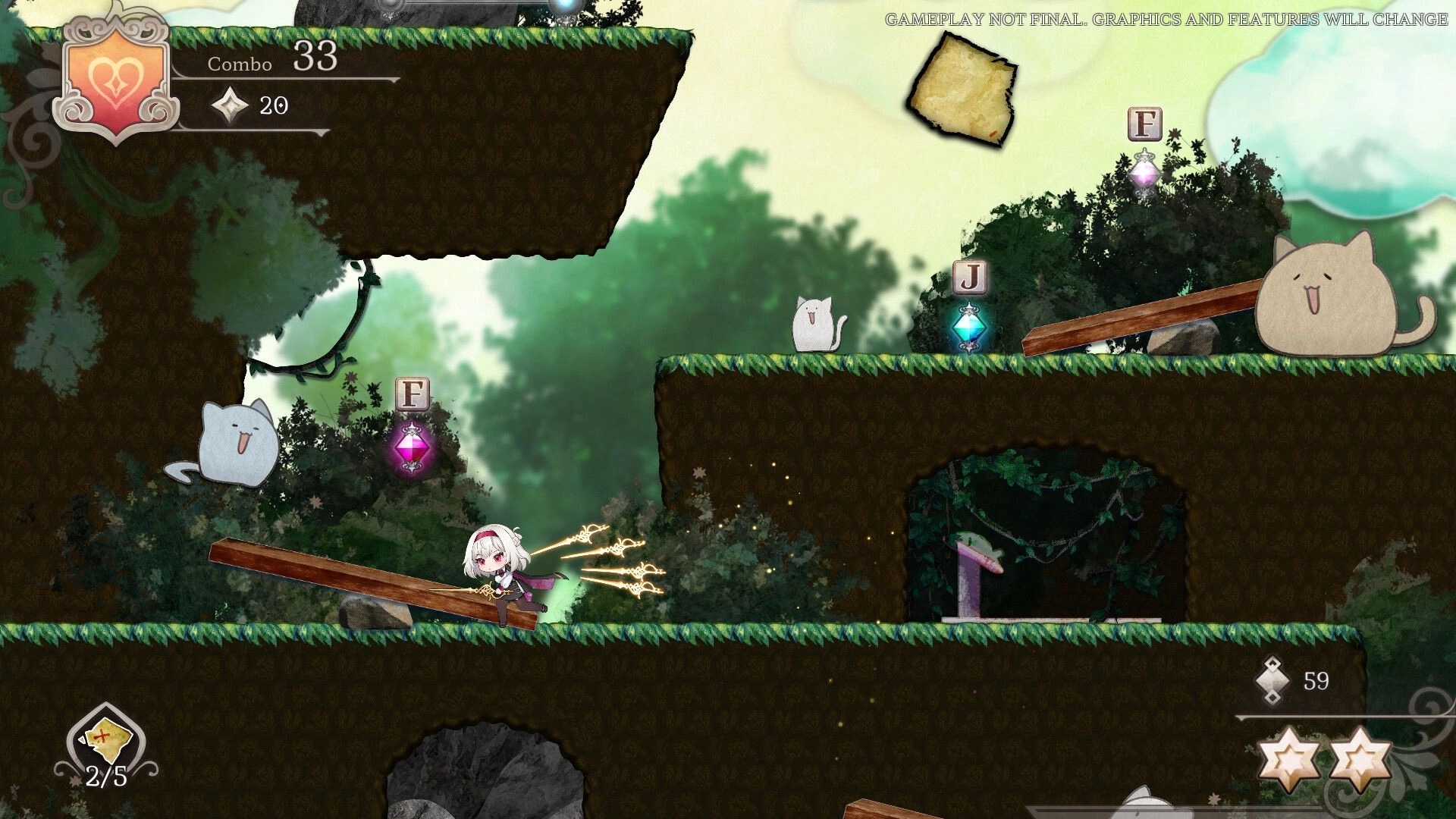 Nientum: Character jumping on platforms, collecting gems in a mystical forest setting with cute creatures.