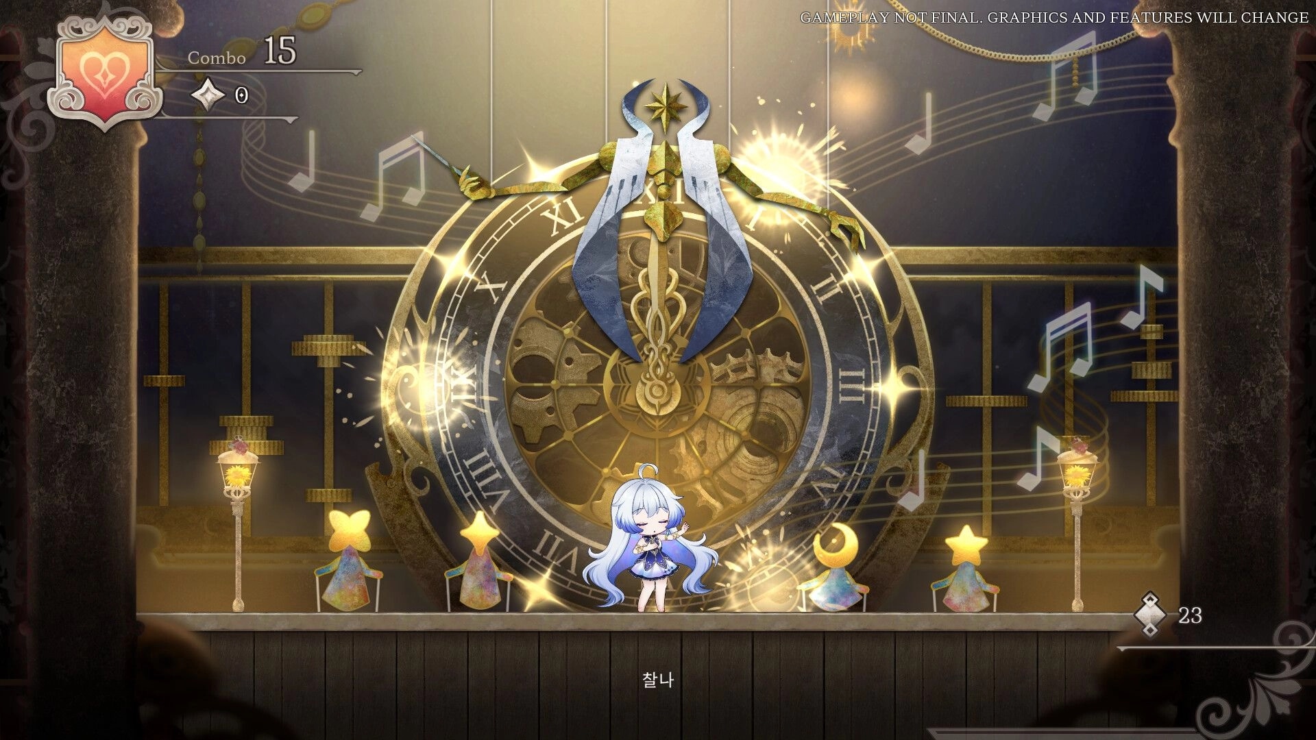 Nientum: Character performing on stage with a clock backdrop and musical notes in the theater setting.
