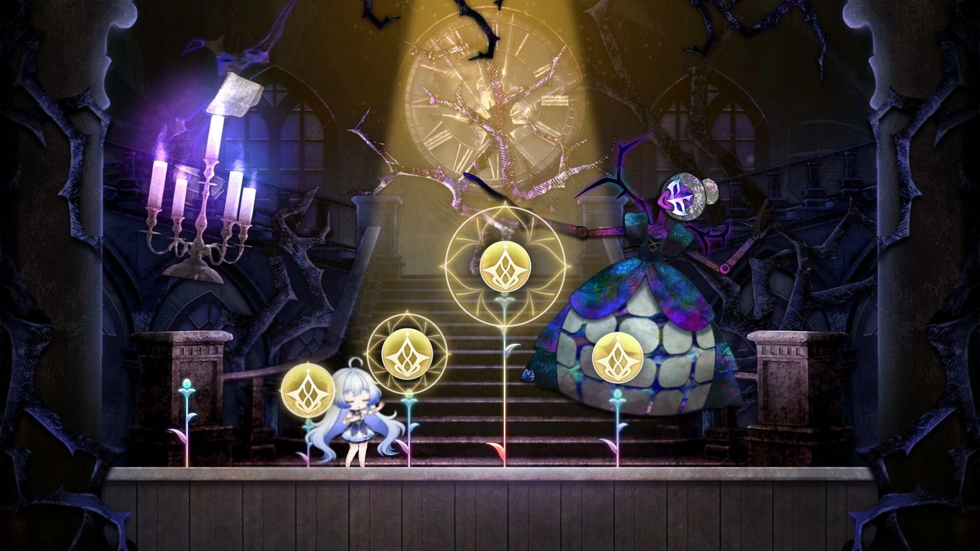 Nientum: Girl navigating musical notes on a stage with eerie clock and chandelier in the background
