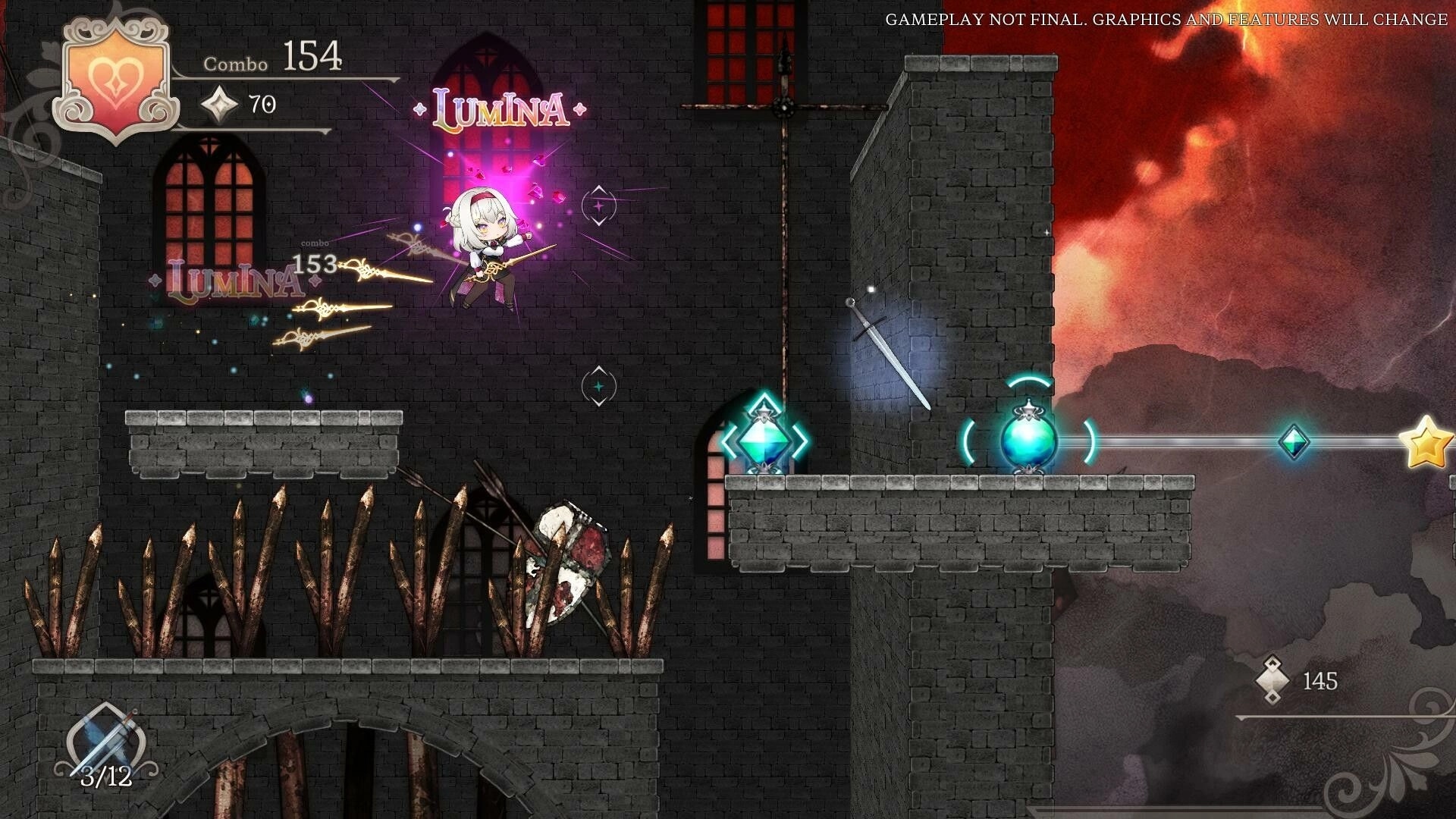 Nientum: Lumina performs mid-air combat in a dark castle setting with combo and score displayed
