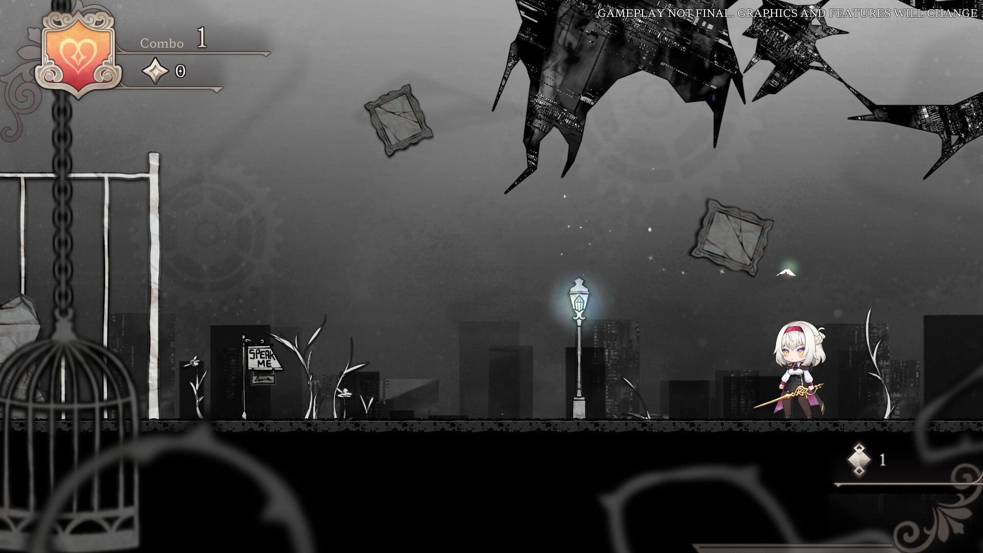 Nientum: Character with sword navigates eerie cityscape with floating debris and glowing streetlamp