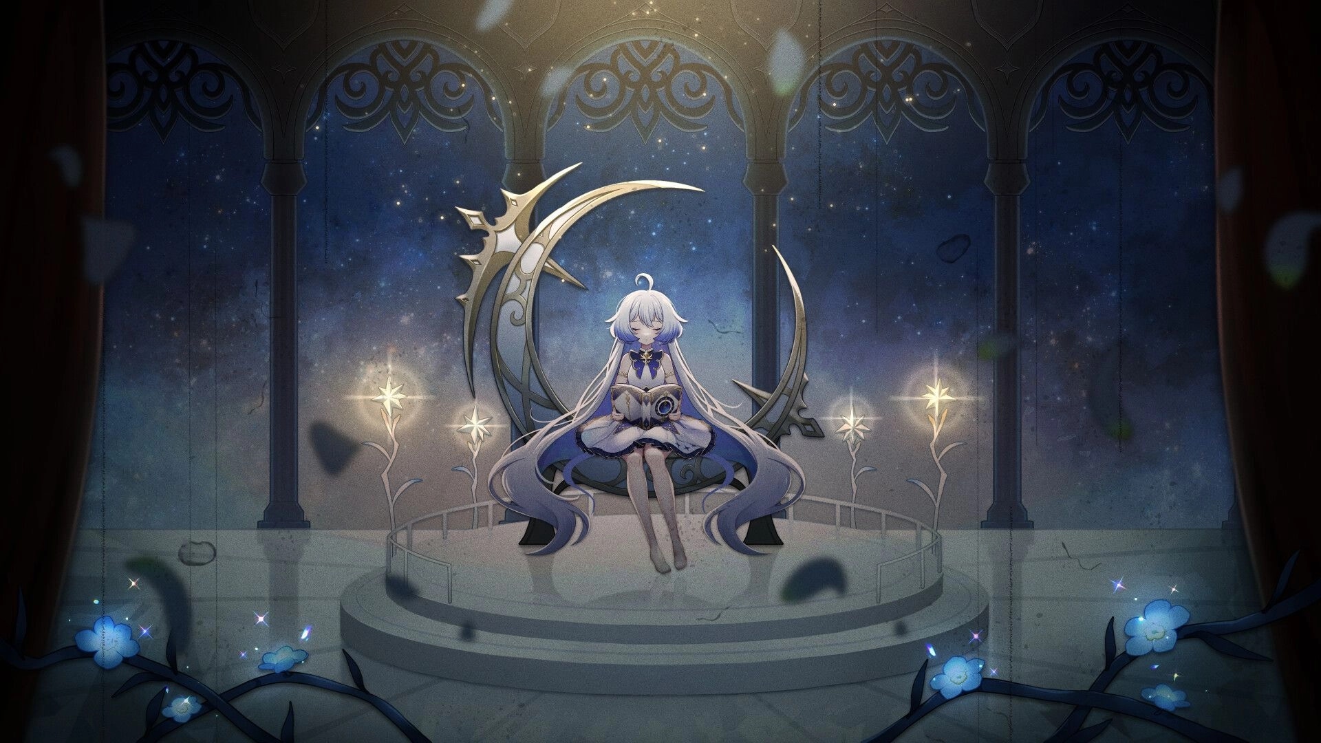 Nientum: A girl with long hair reading a book on a crescent moon stage with glowing flowers and stars.