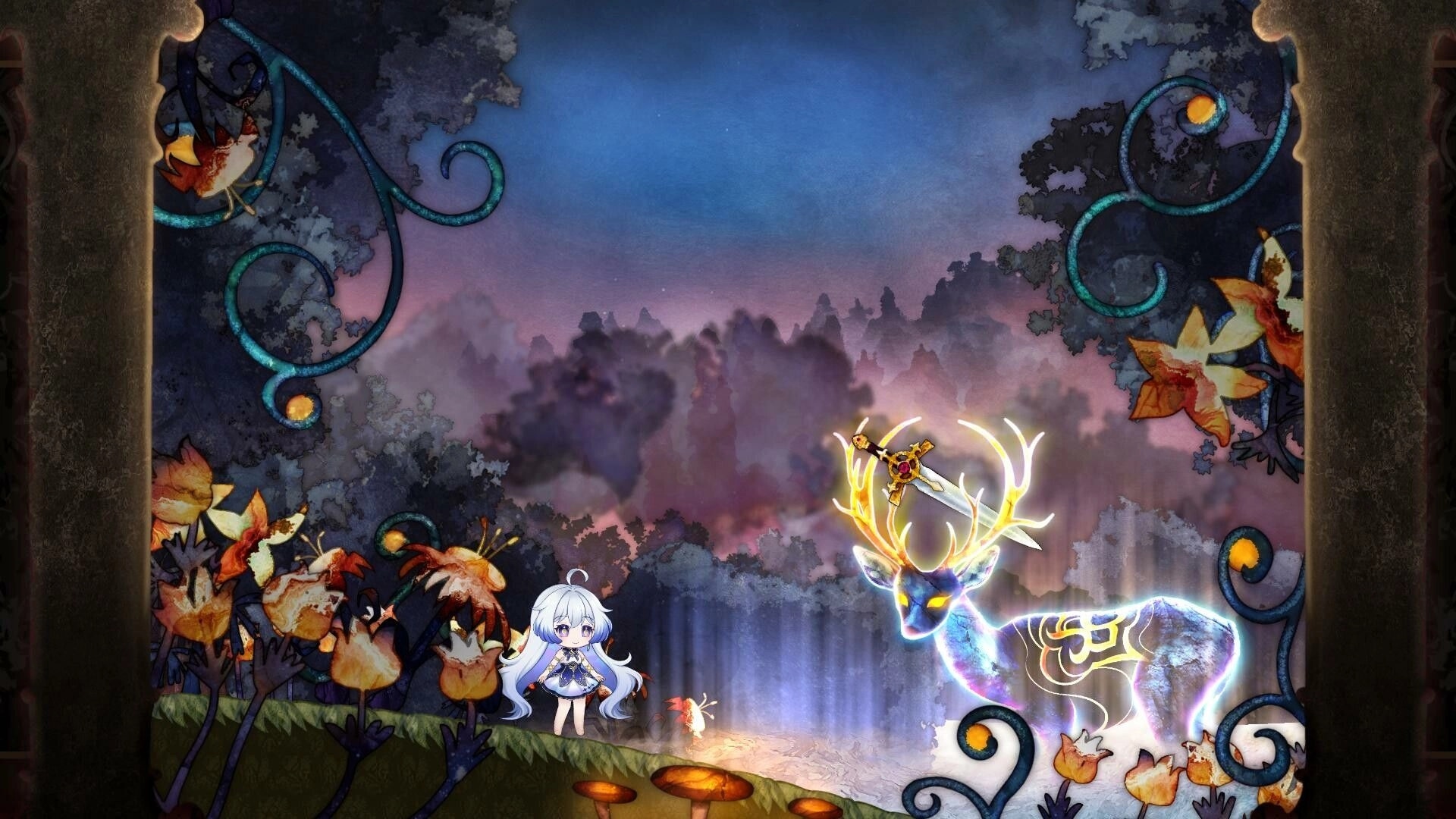 Nientum: Girl encounters mystical glowing deer with sword in enchanted forest setting