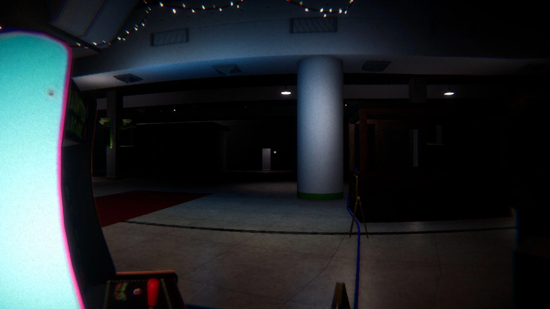 Night At The Mall: Dimly lit mall corridor with arcade machine glowing, casting eerie shadows around.