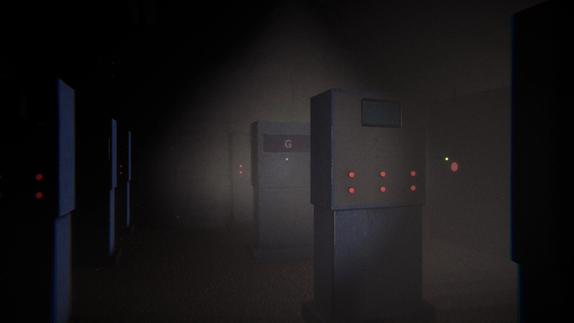 Night At The Mall: Dark corridor with glowing red buttons on machines in an eerie, dimly lit environment