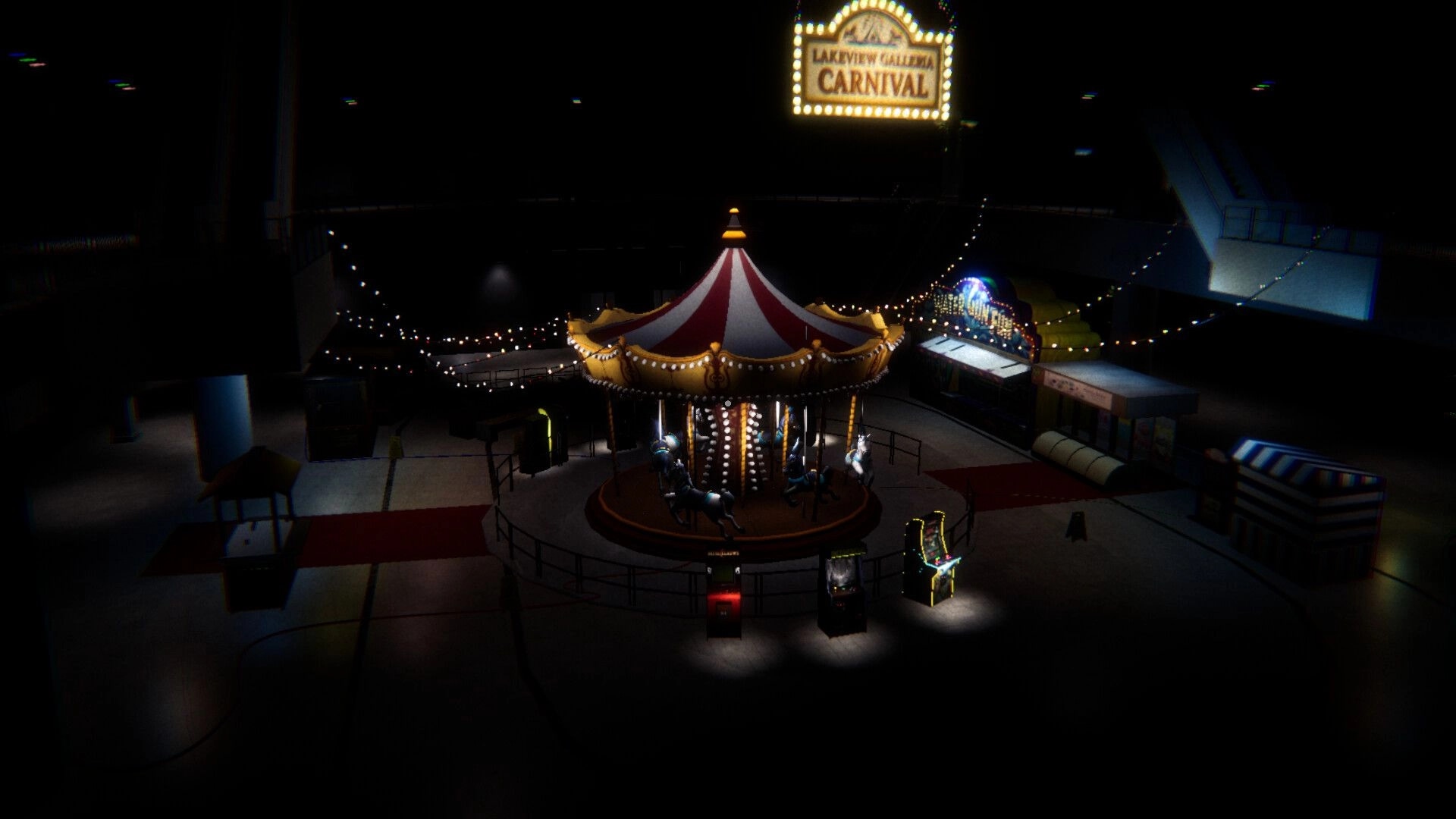 Night At The Mall: Dimly lit carousel and carnival booths in a shadowy central mall area