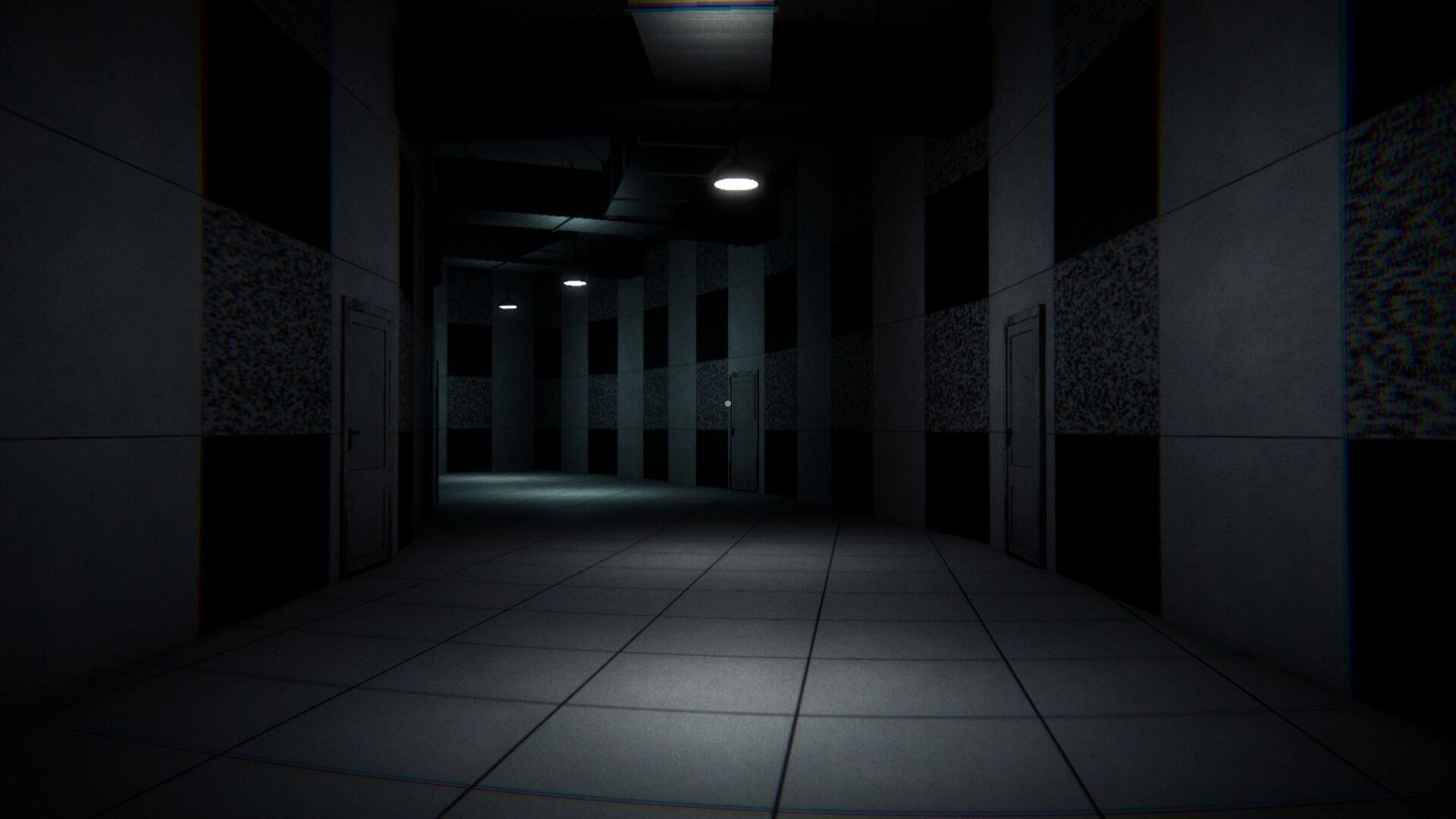 Night At The Mall: Dimly lit, eerie corridor with closed doors lining the walls in a deserted mall