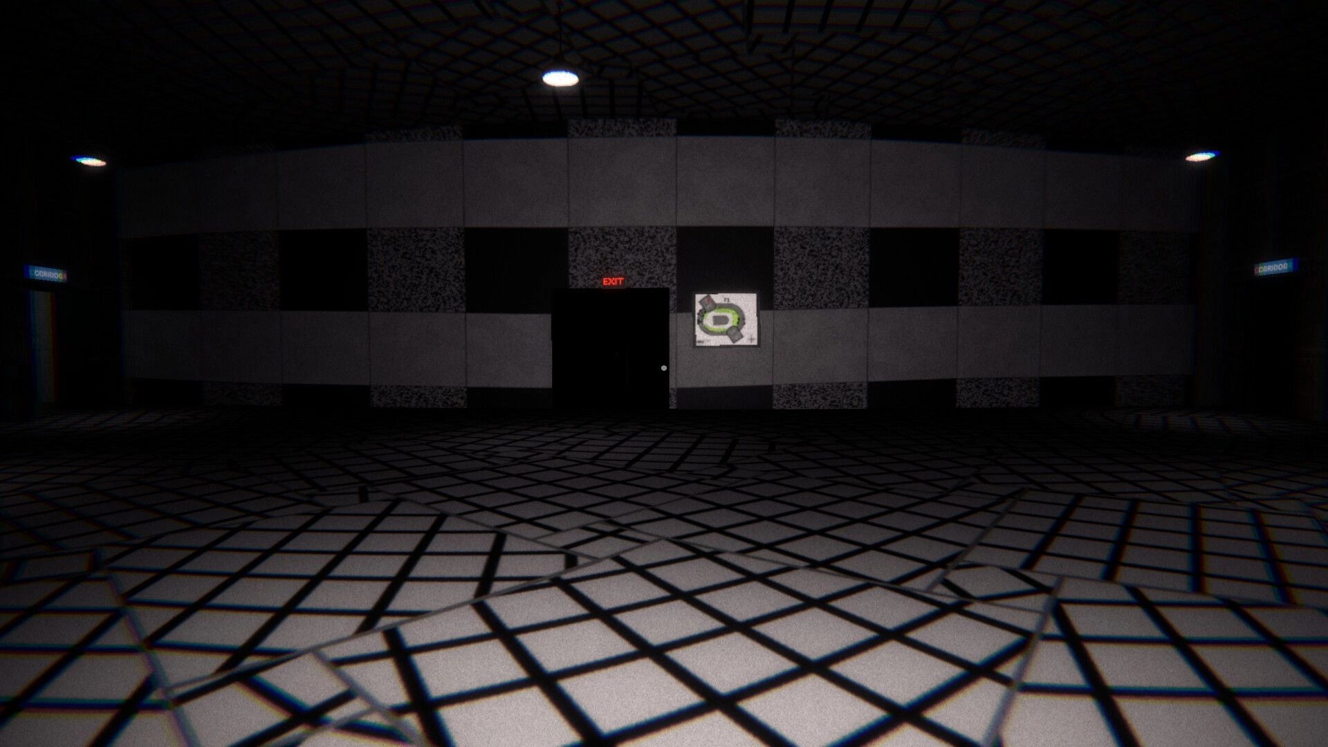Night At The Mall: Dark corridor with exit sign and map on wall, eerie lighting and patterned floor