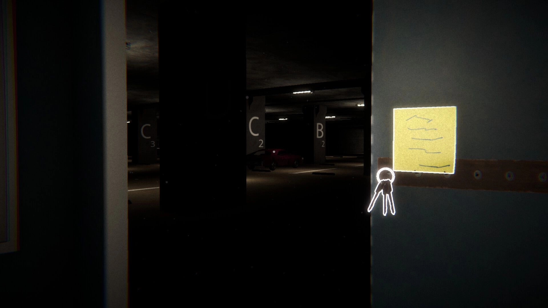 Night At The Mall: Dark parking garage with numbered columns and highlighted keys on a wall note