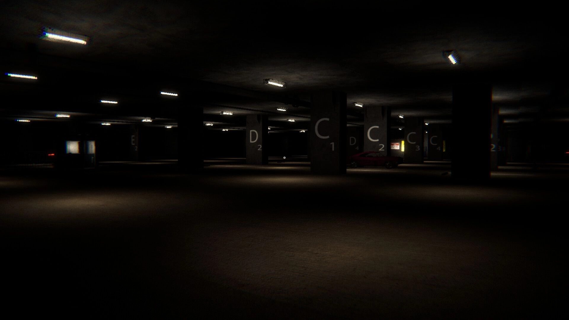 Night At The Mall: Dimly lit underground parking lot with numbered pillars and a lone parked car