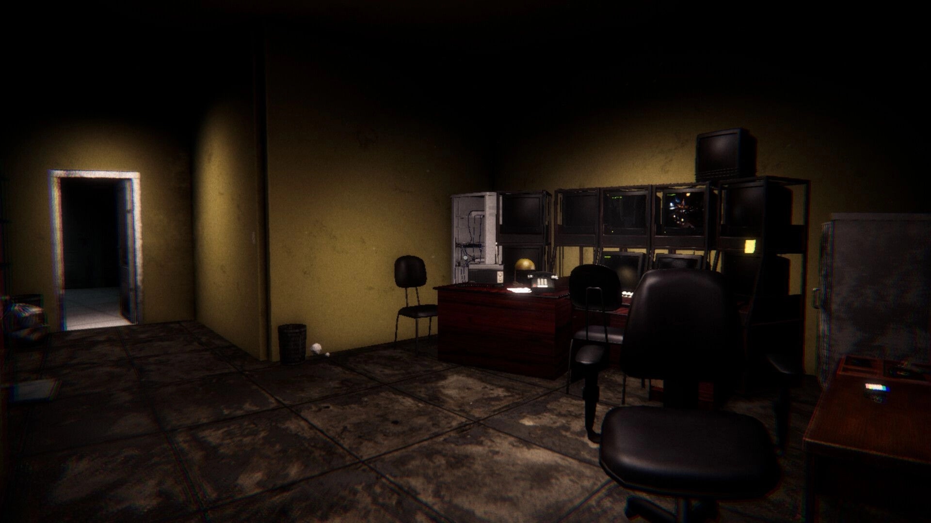 Night At The Mall: Security office with monitors, empty chairs, and an open door leading to dark corridor