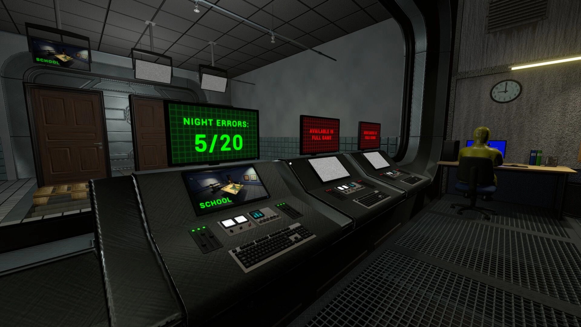 Night Errors: Control room console displays NIGHT ERRORS 5/20 and SCHOOL feed in a dim office lab.
