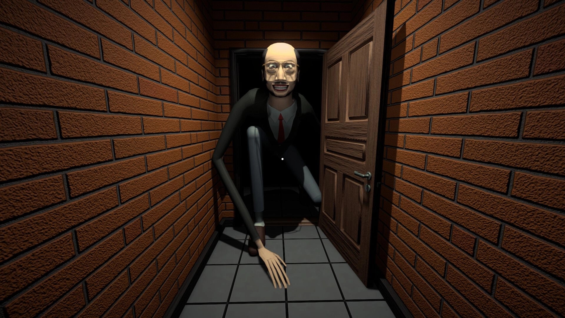 Night Errors: Creepy long-limbed man crawls through doorway in narrow brick hallway with crosshair UI.