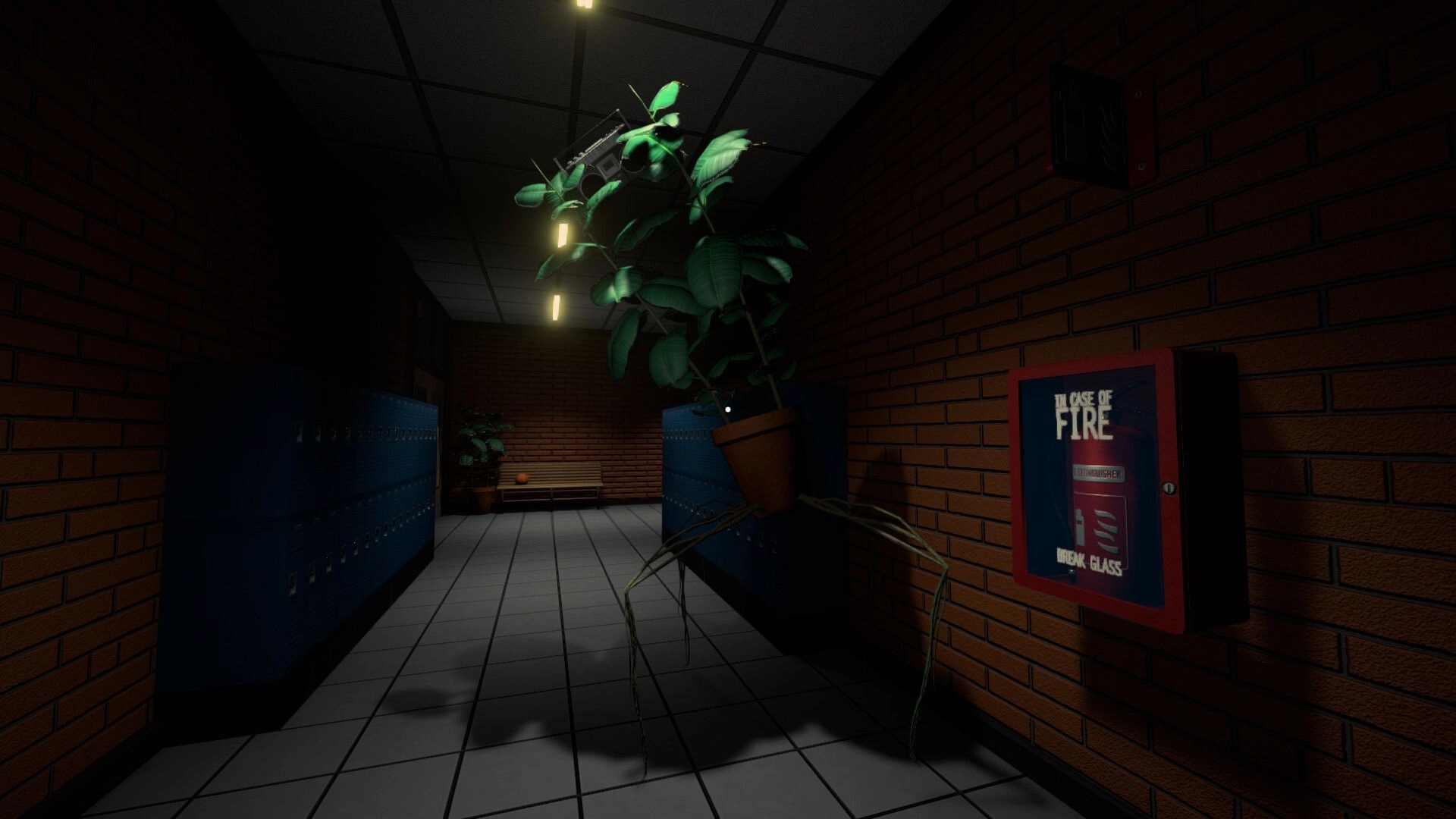 Night Errors: Floating potted plant anomaly in dim school hallway with lockers and fire box UI.
