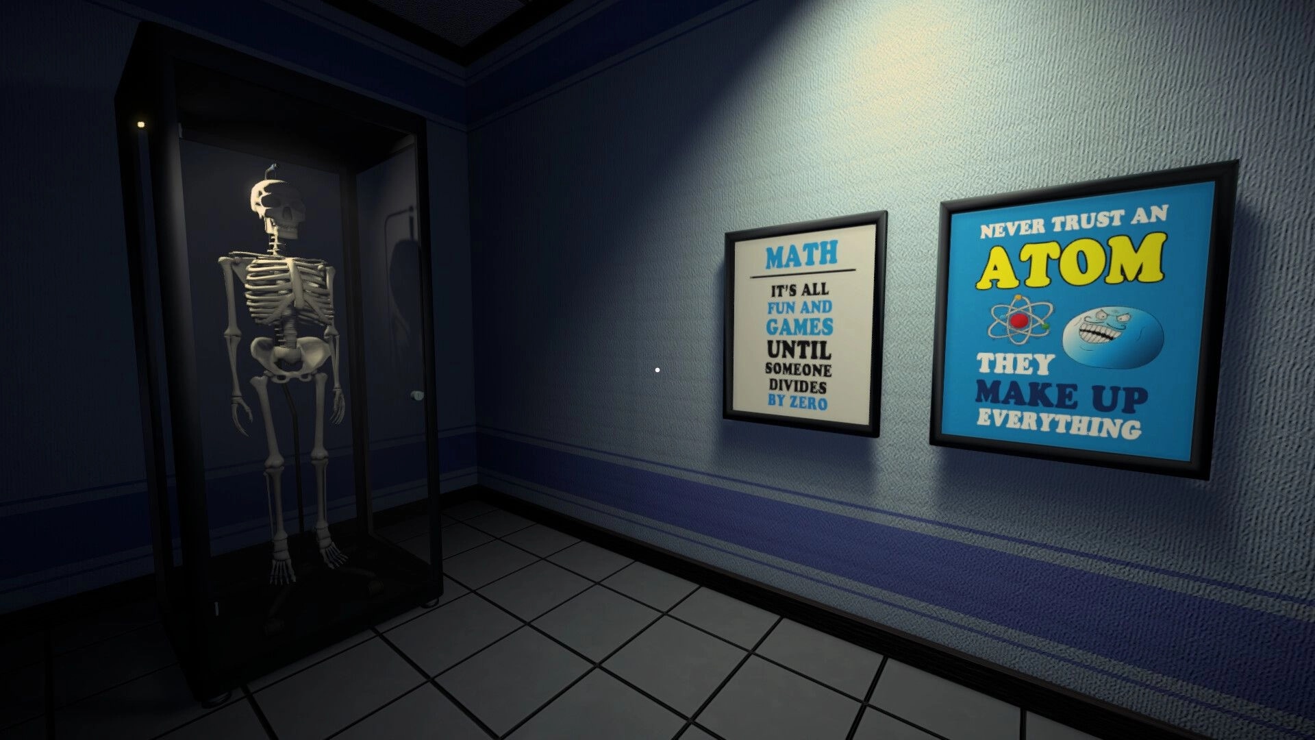 Night Errors: Skeleton display case beside math and atom posters in a dim school hallway corridor.