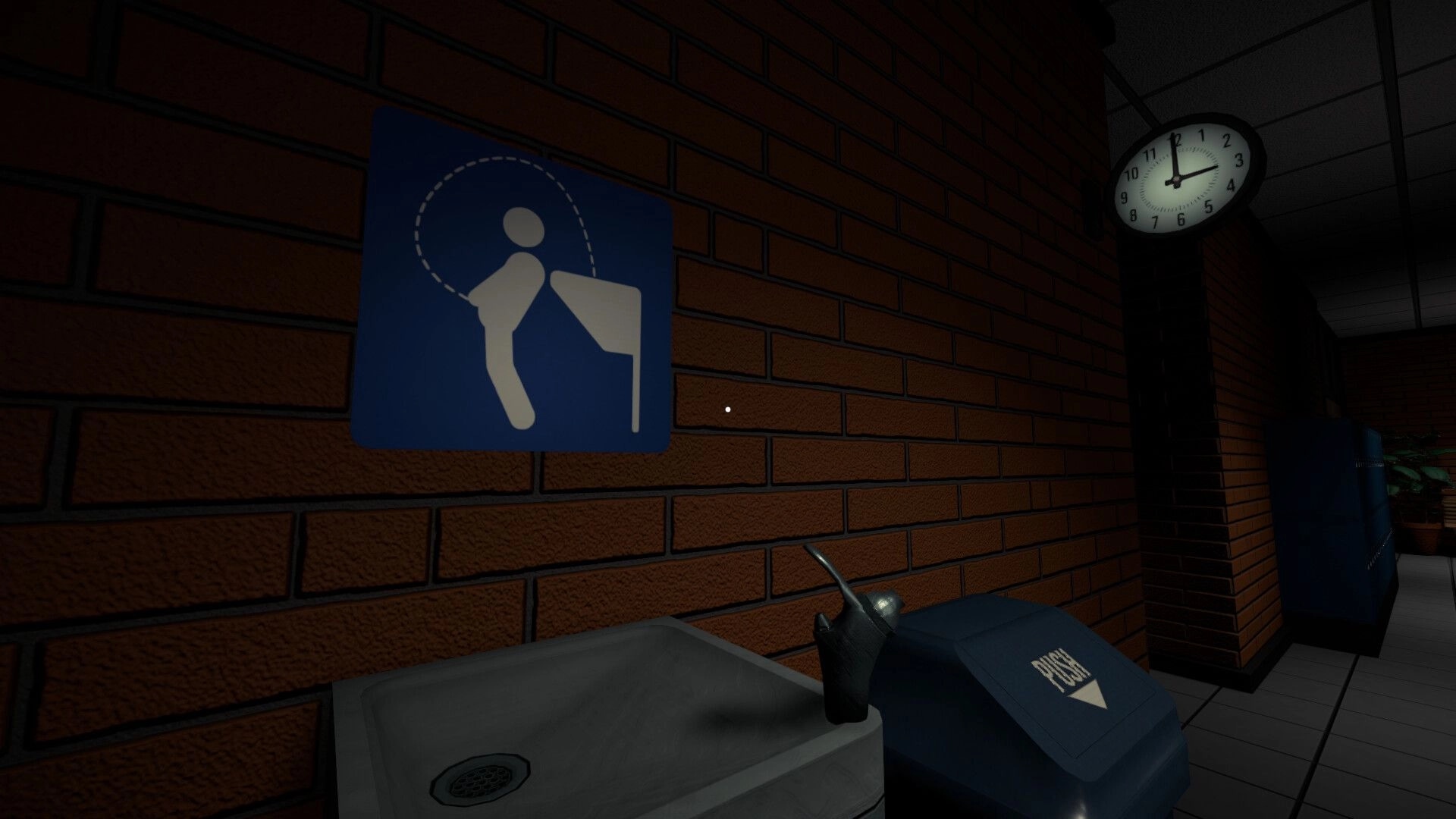 Night Errors: Inspecting a brick hallway with sink, blue sign, and wall clock in dim corridor.