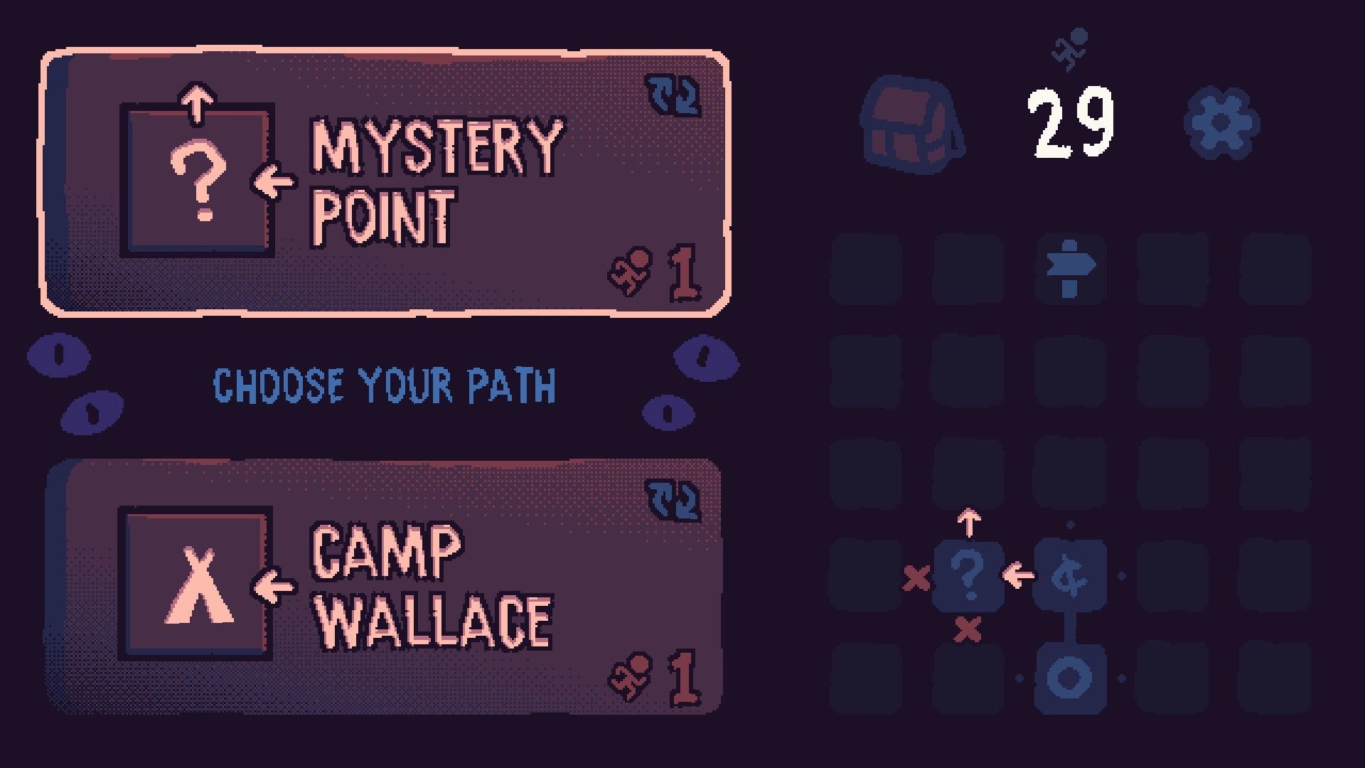 Night Hike: Choose your path menu with Mystery Point and Camp Wallage cards beside map grid UI.