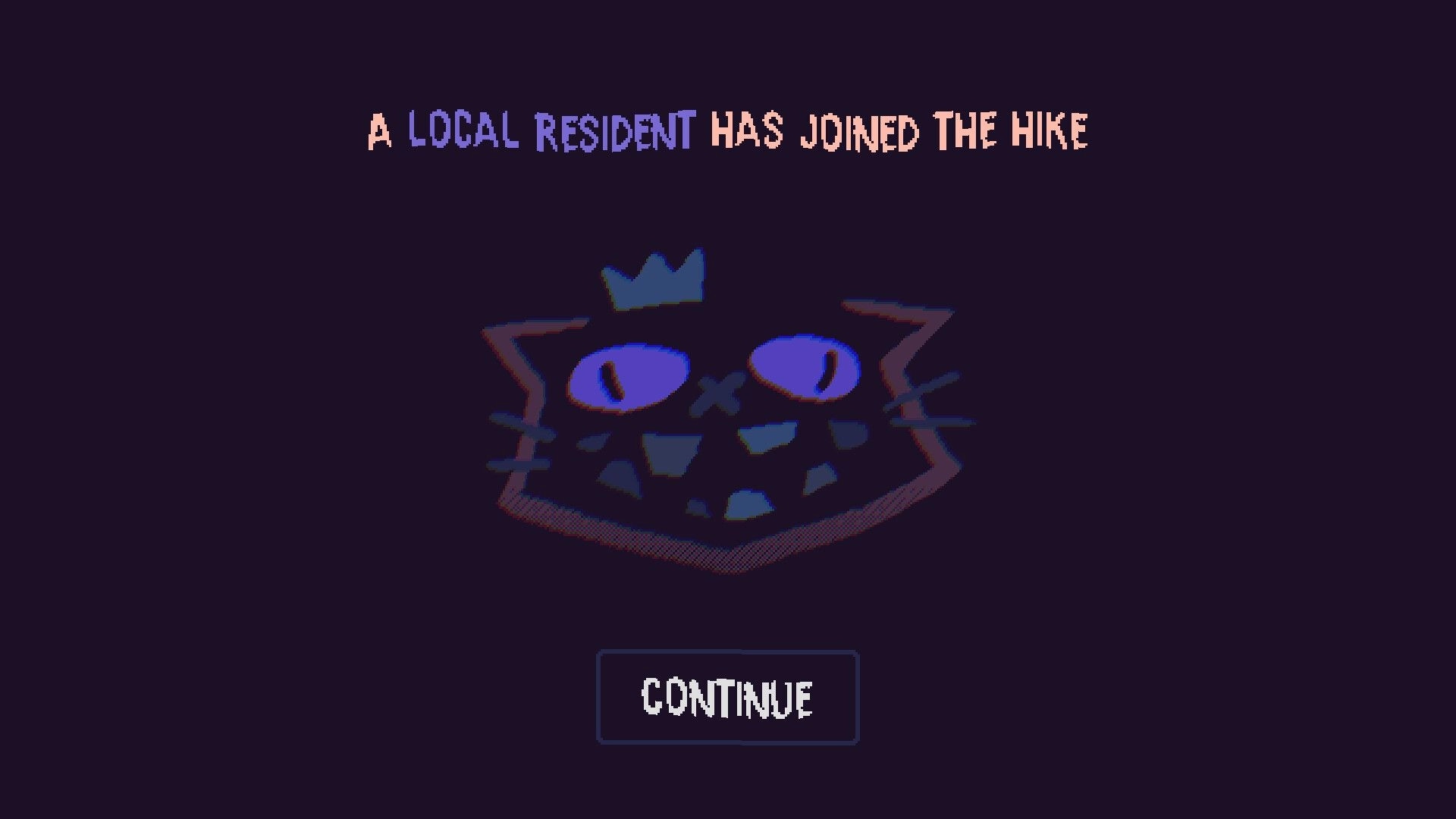 Night Hike: Pop-up says “A local resident has joined the hike” with cat icon and Continue button.