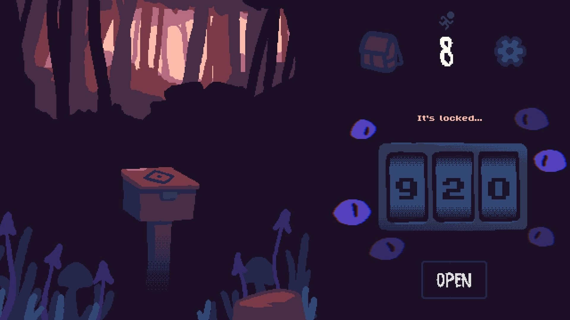 Night Hike: Locked box code UI with 920 digits and Open button in a dark forest clearing with eyes.