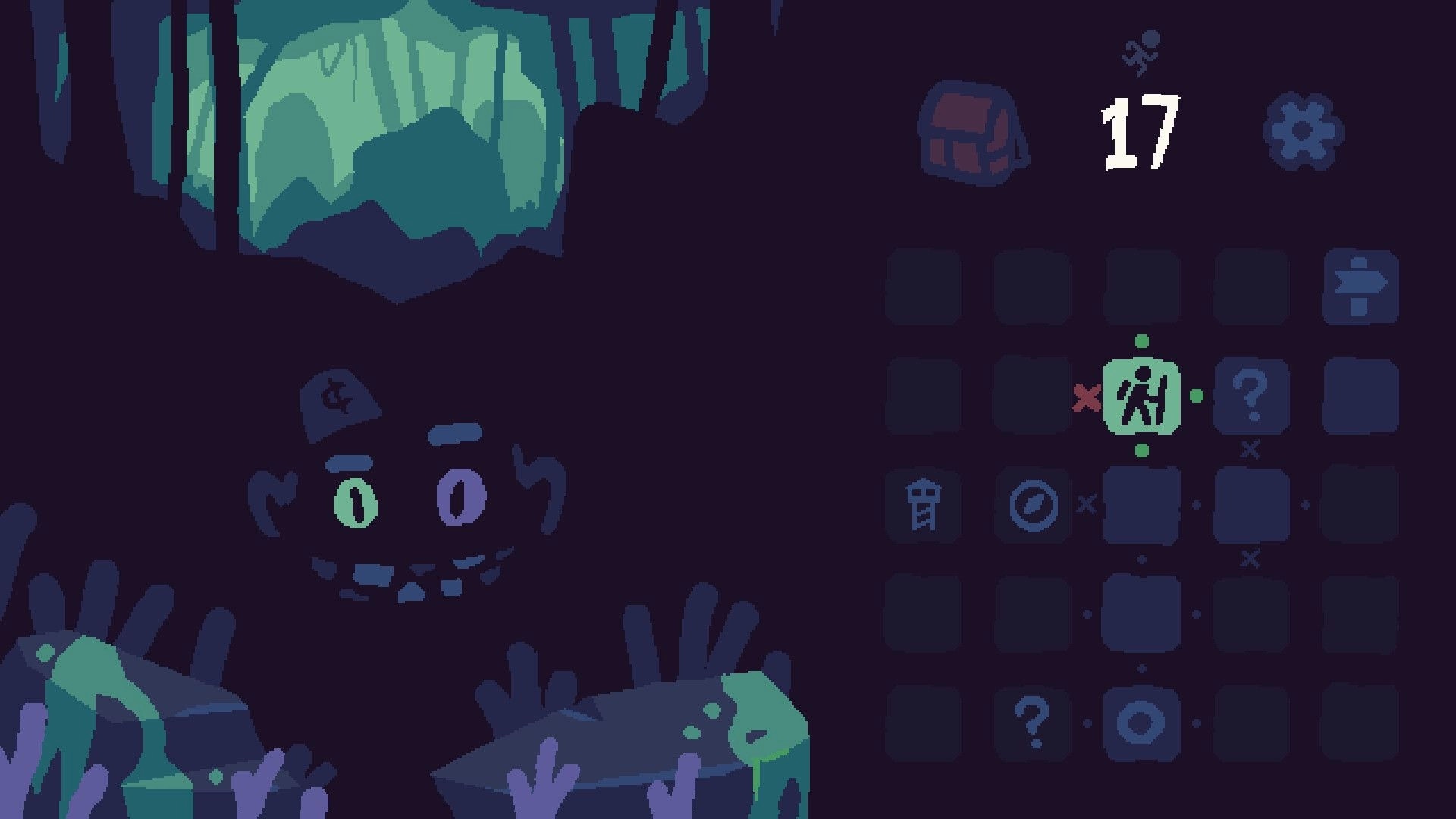 Night Hike: Path selection grid with hiker icon and day 17 counter over dark forest backdrop.