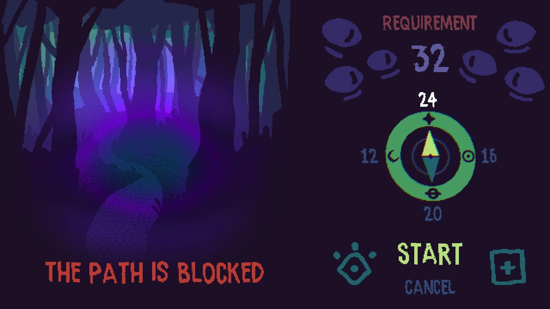 Night Hike: Path selection UI with compass dial and Requirement 32 over a purple forest trail blocked.