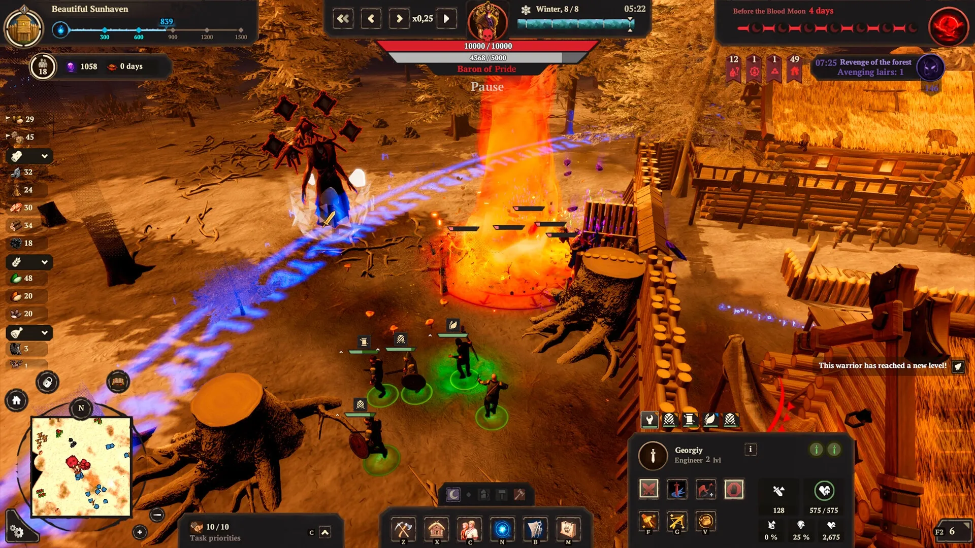 Night is Coming: Battle with Baron of Pride near village walls, resource UI and mini-map visible