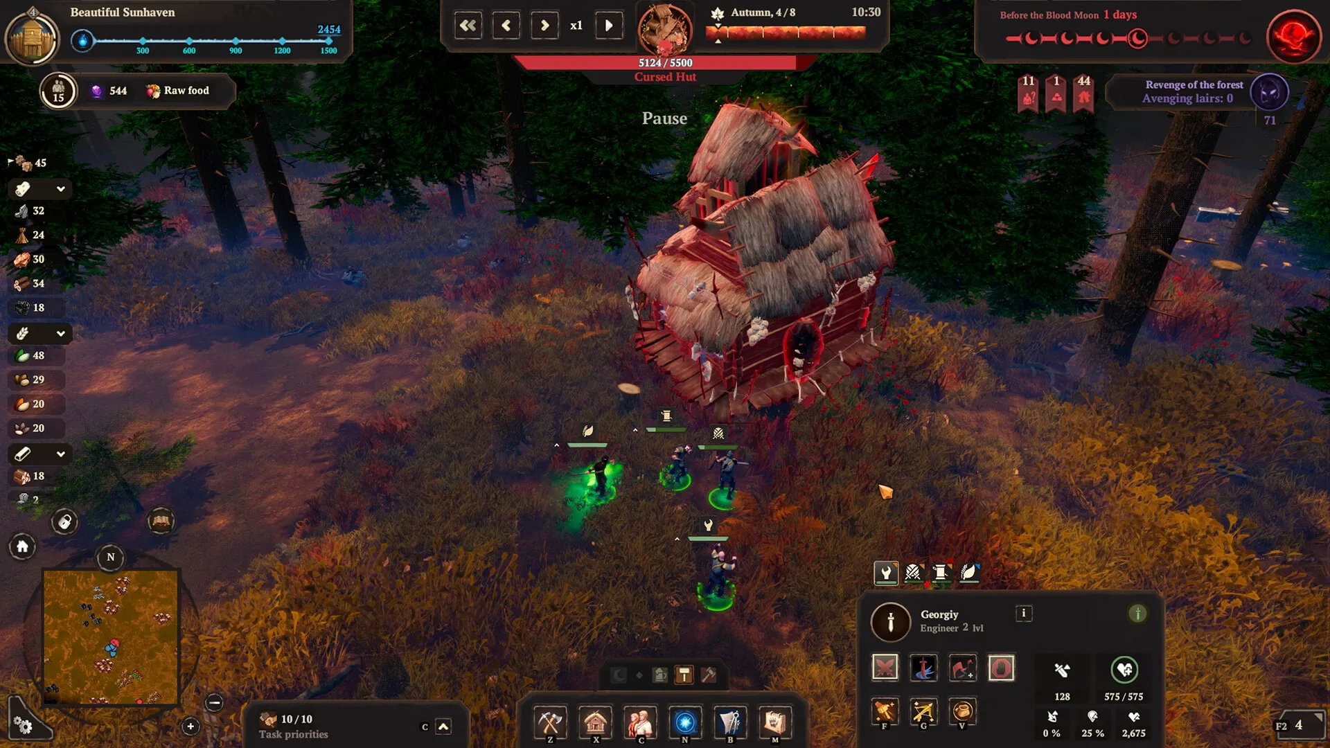Night is Coming: Cursed Hut surrounded by characters with health bars in a forest clearing.