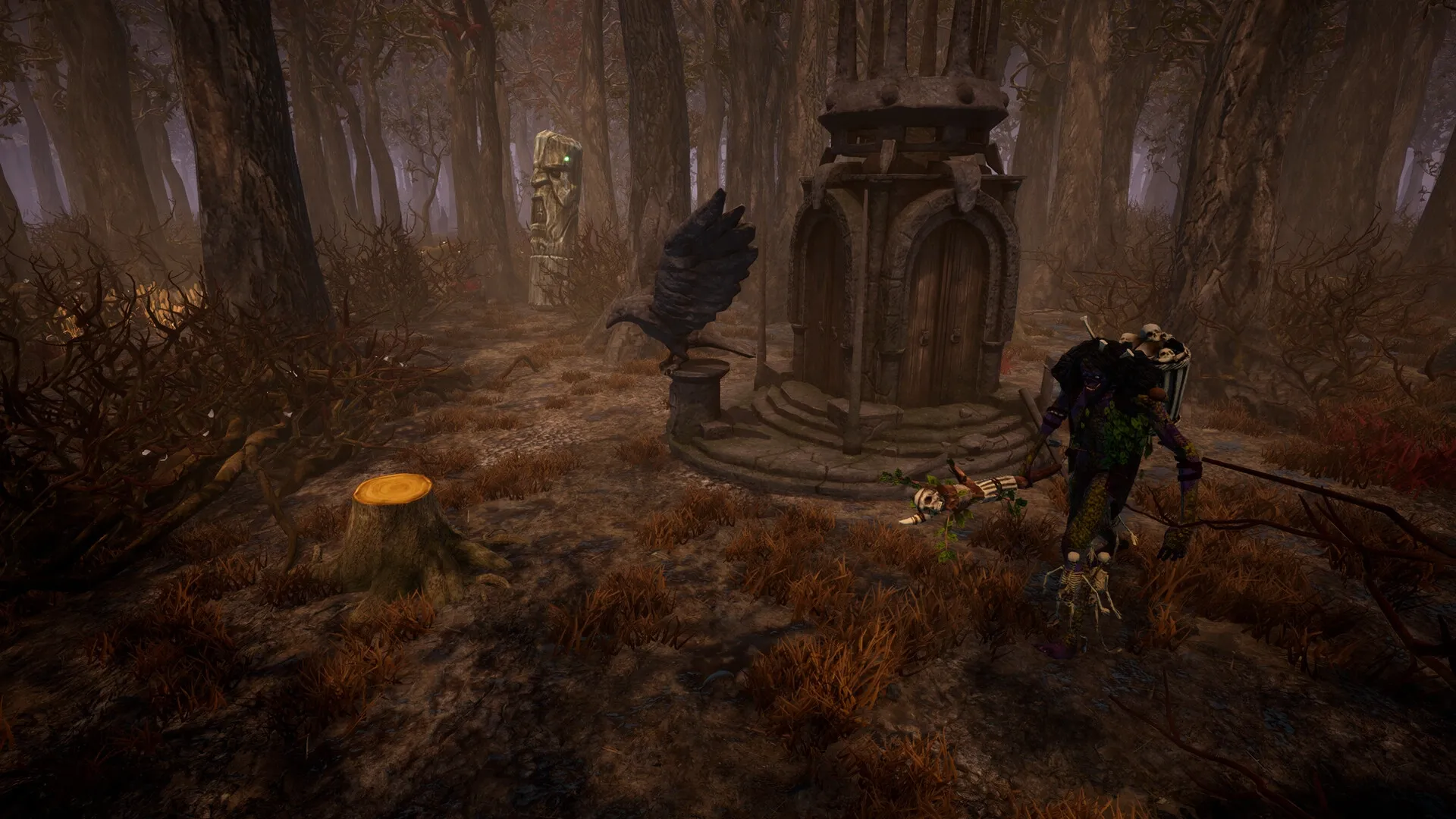 Night is Coming: Character with skull staff exploring a mystical forest shrine with stone monument nearby.