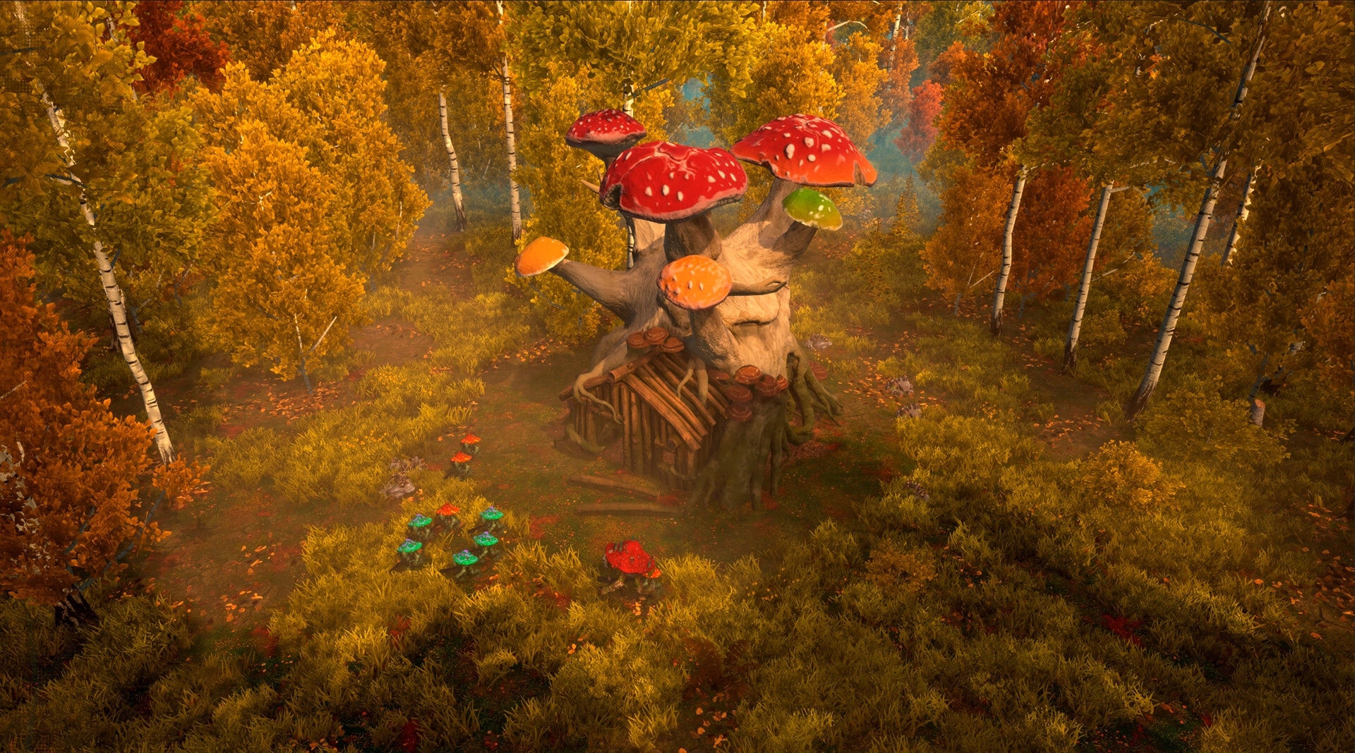 Night is Coming: Enchanted tree house with colorful mushrooms in a vibrant autumn forest clearing.