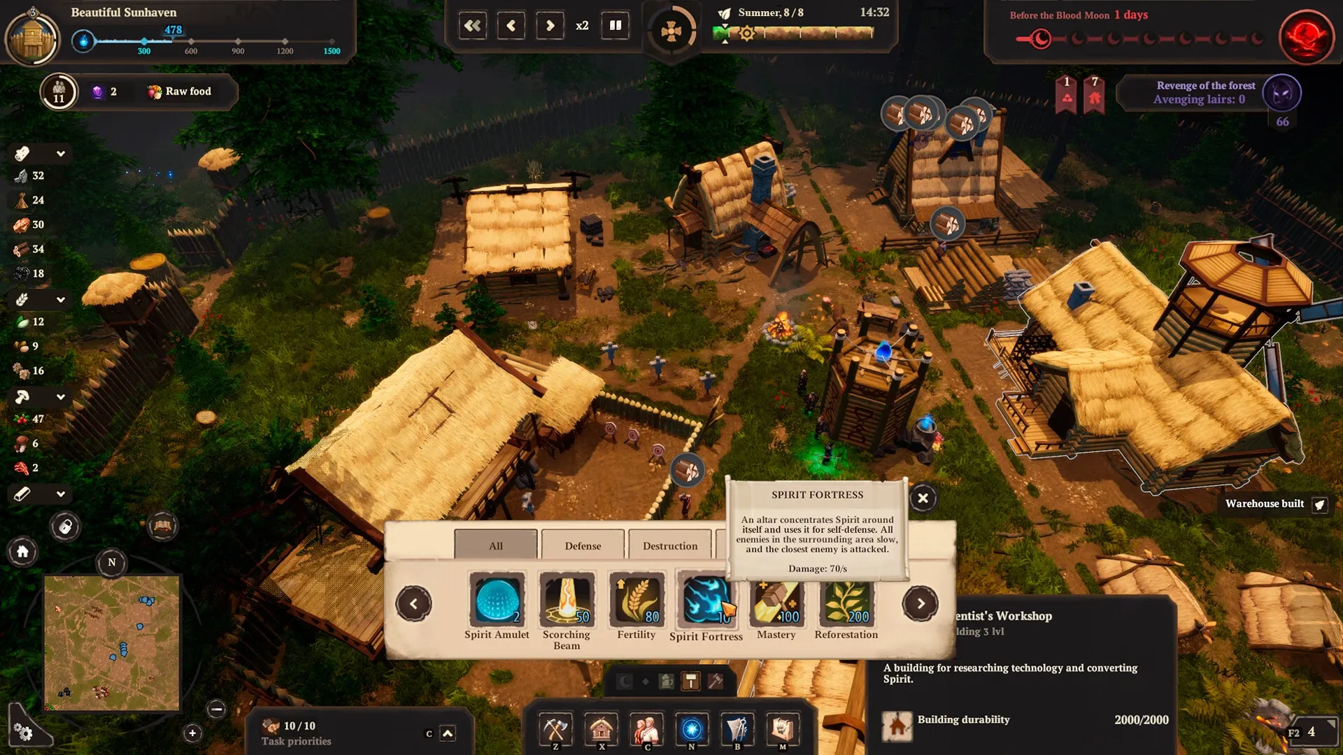 Night is Coming: Village overview with resource levels, task priorities, and Spirit Fortress abilities displayed.