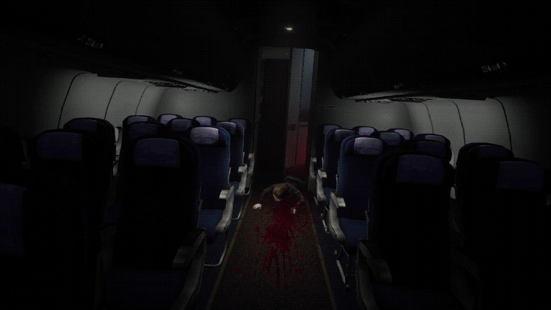 Night Plane: Blood trail and slumped body in aisle between empty seats in dim airplane cabin.