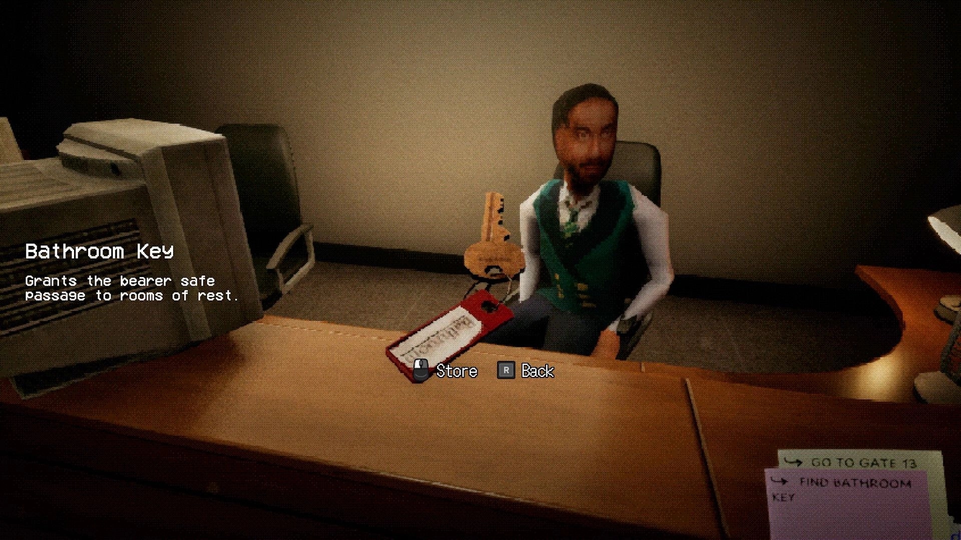 Night Plane: Inspecting Bathroom Key item prompt at desk with seated staffer in dim office area.