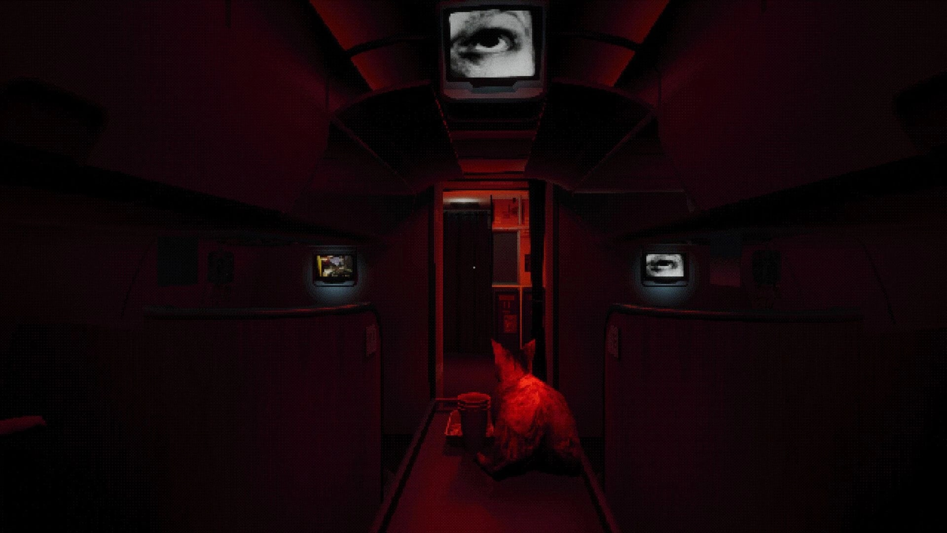 Night Plane: Bloodied dog-like creature in aisle under red light inside airplane cabin with eye screens.