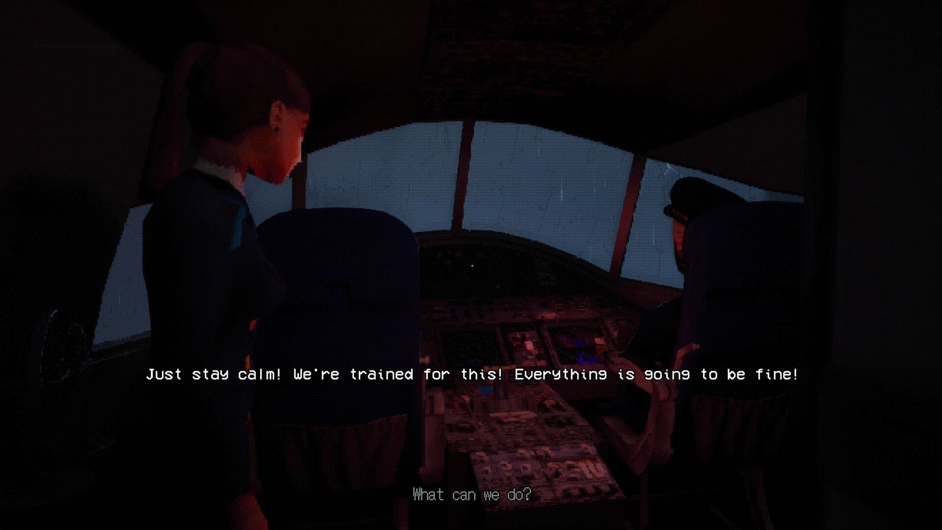 Night Plane: Flight attendant speaks to pilot in stormy cockpit with dialogue text across screen.