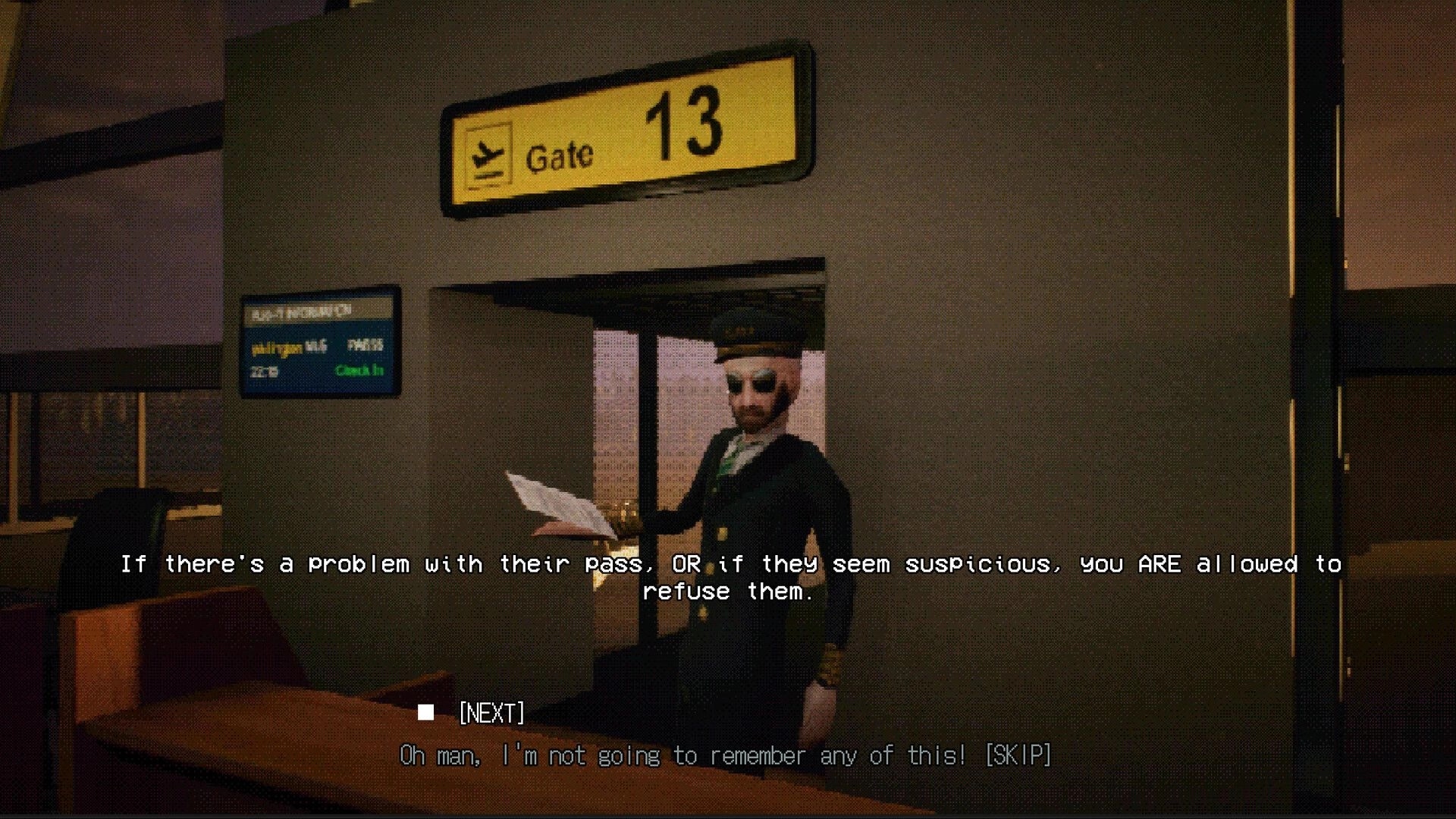 Night Plane: Flight attendant holds a paper by Gate 13 in airport lounge with dialogue prompt UI.
