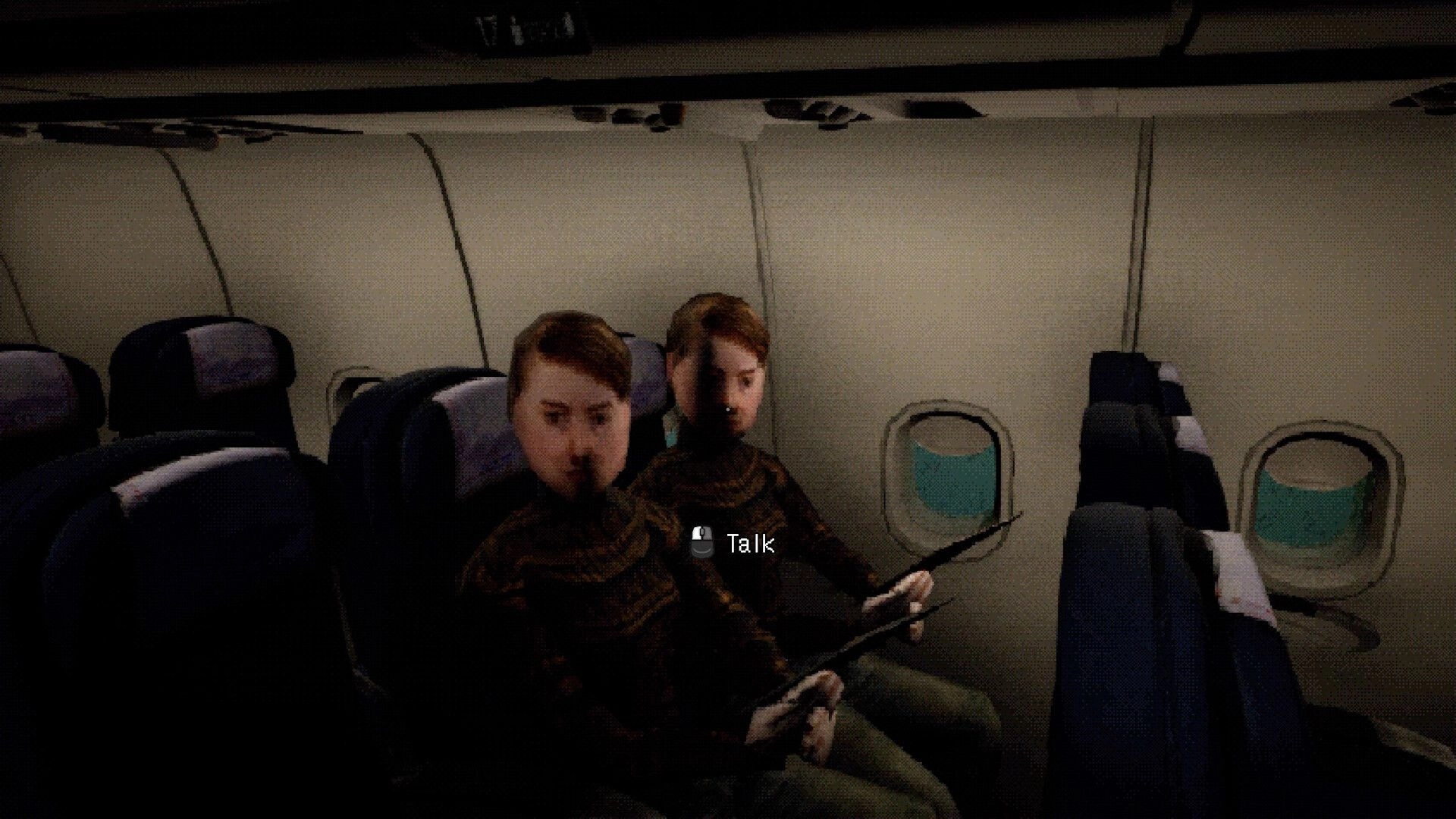 Night Plane: Talk prompt over two seated passengers holding papers in a dim airplane cabin row.