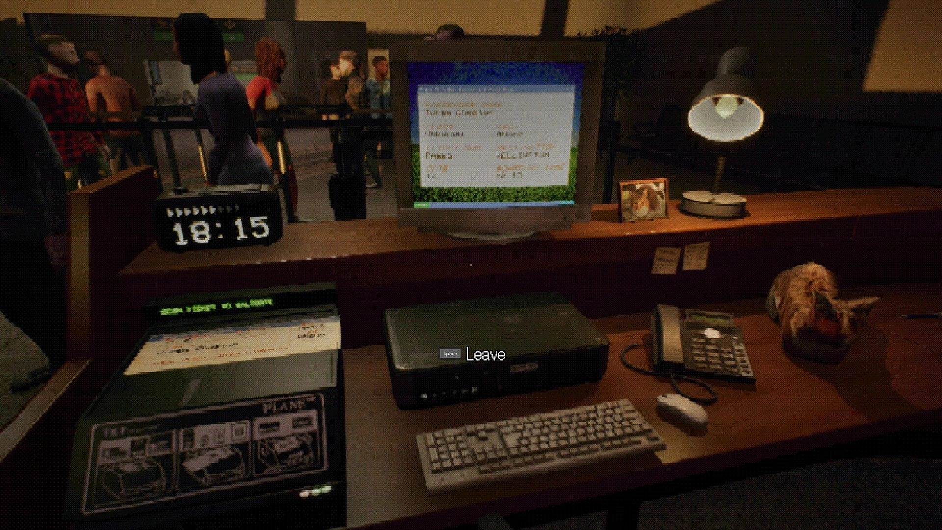 Night Plane: Ticket desk computer with 18:15 clock and Leave prompt as passengers queue behind glass.