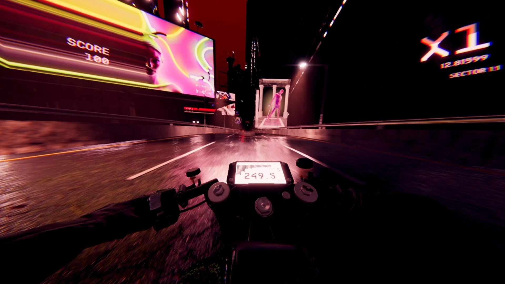 Night Run: First-person motorcycle racing on wet neon highway with score and x1 combo UI visible.