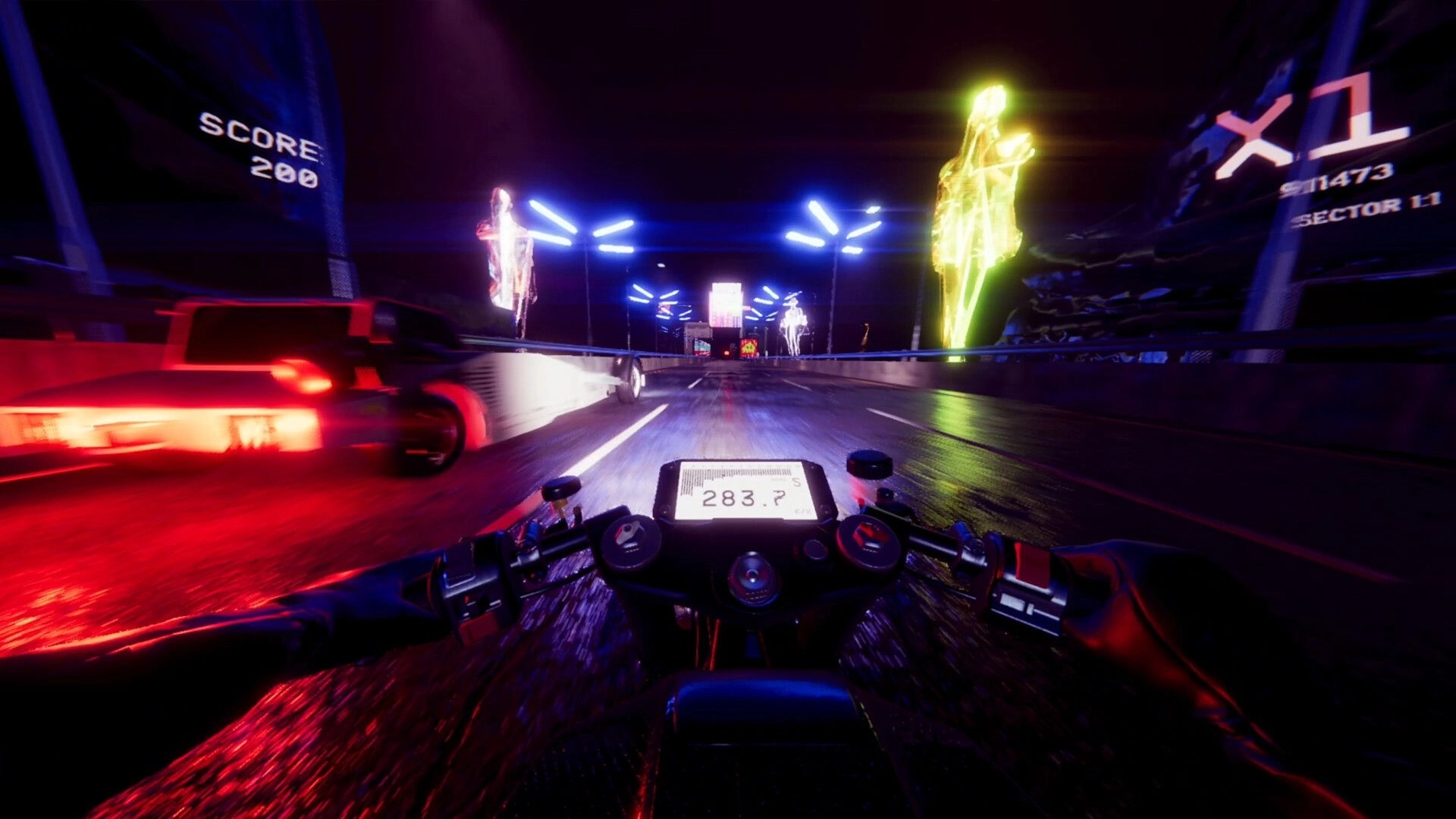Night Run: First-person motorcycle racing past a car on neon freeway, score 200 and x1 combo UI.