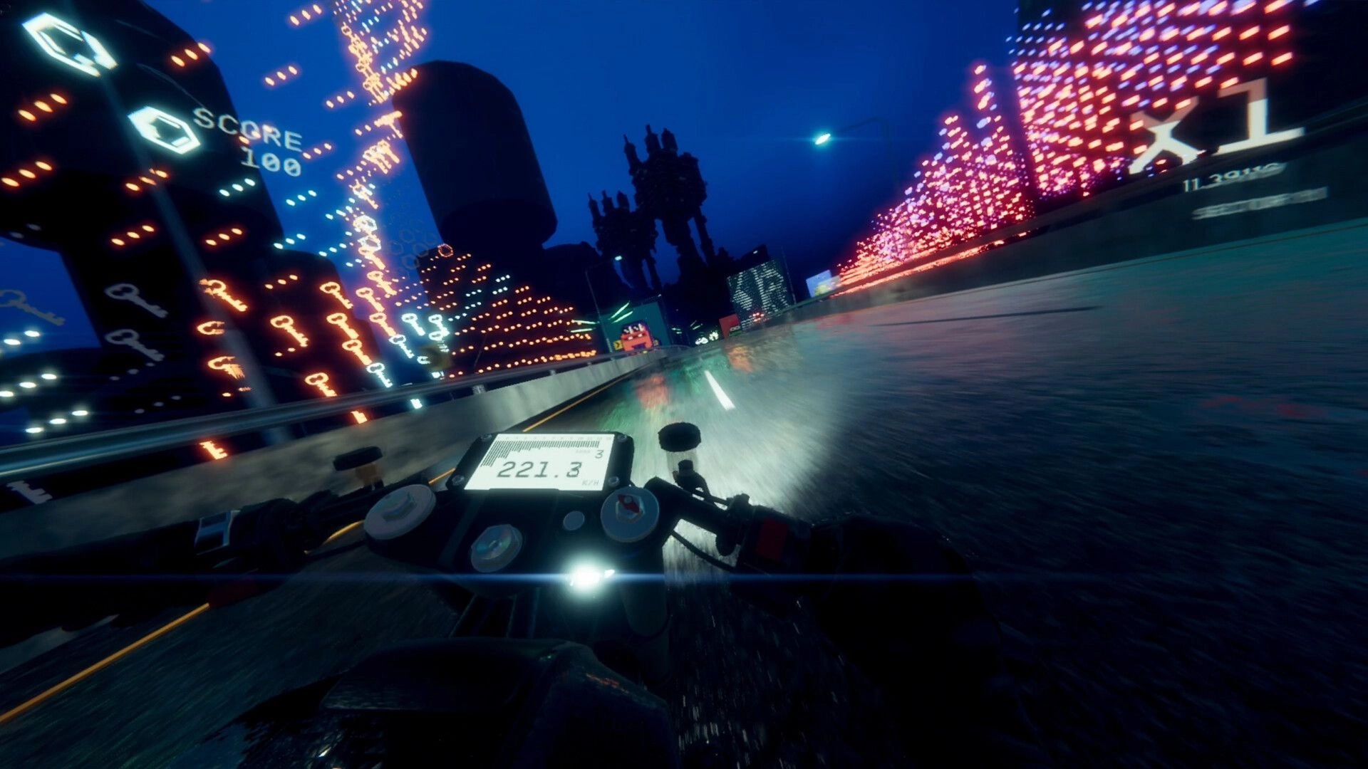 Night Run: First-person motorcycle racing at 221 km/h on wet neon freeway with score UI visible.