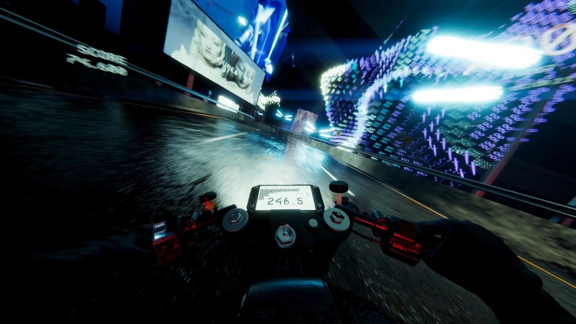 Night Run: First-person motorcycle racing at 246.5 on a wet neon highway with glowing billboards.