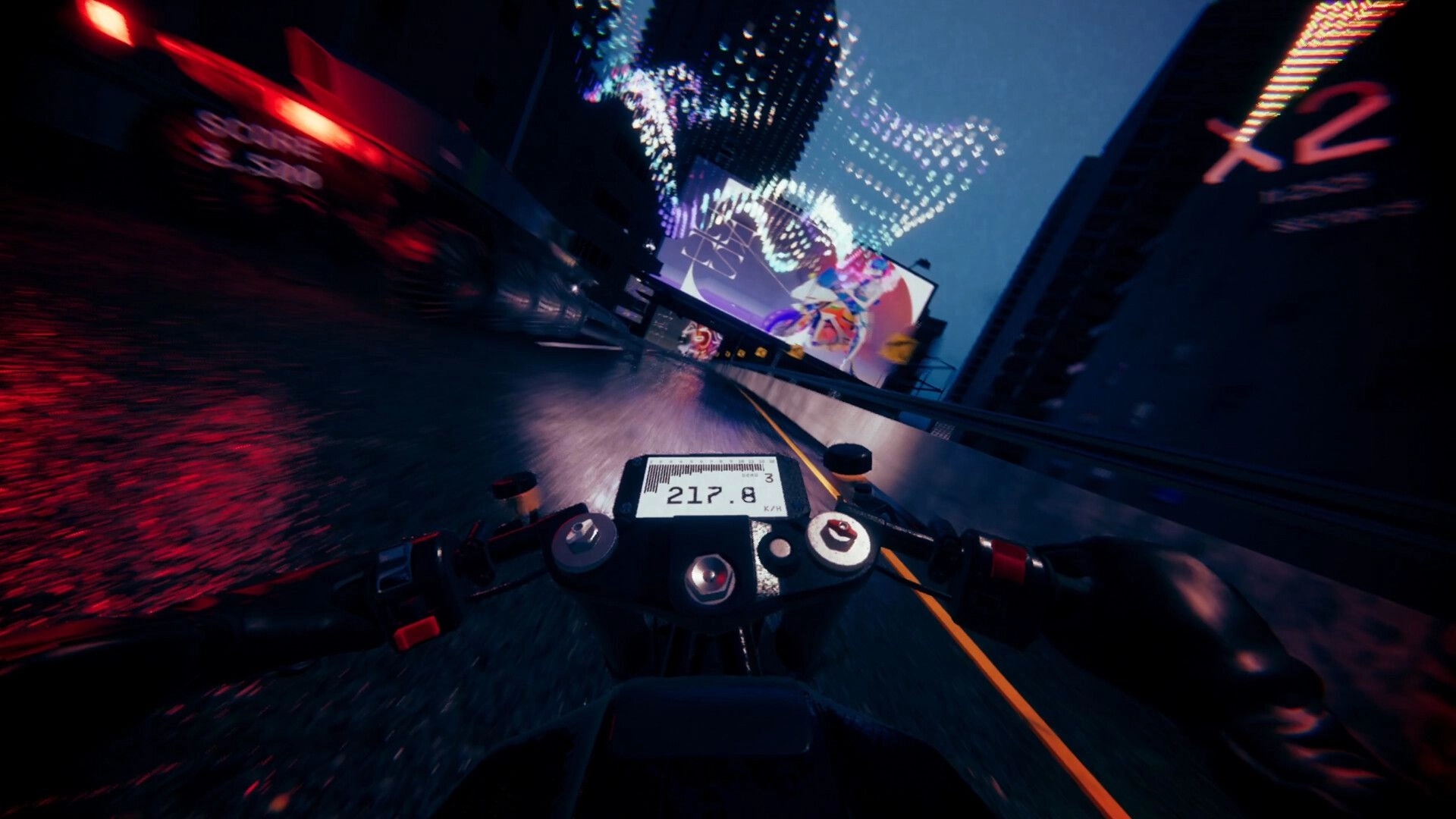 Night Run: First-person motorcycle racing at 217.8 km/h on wet neon freeway past billboards.