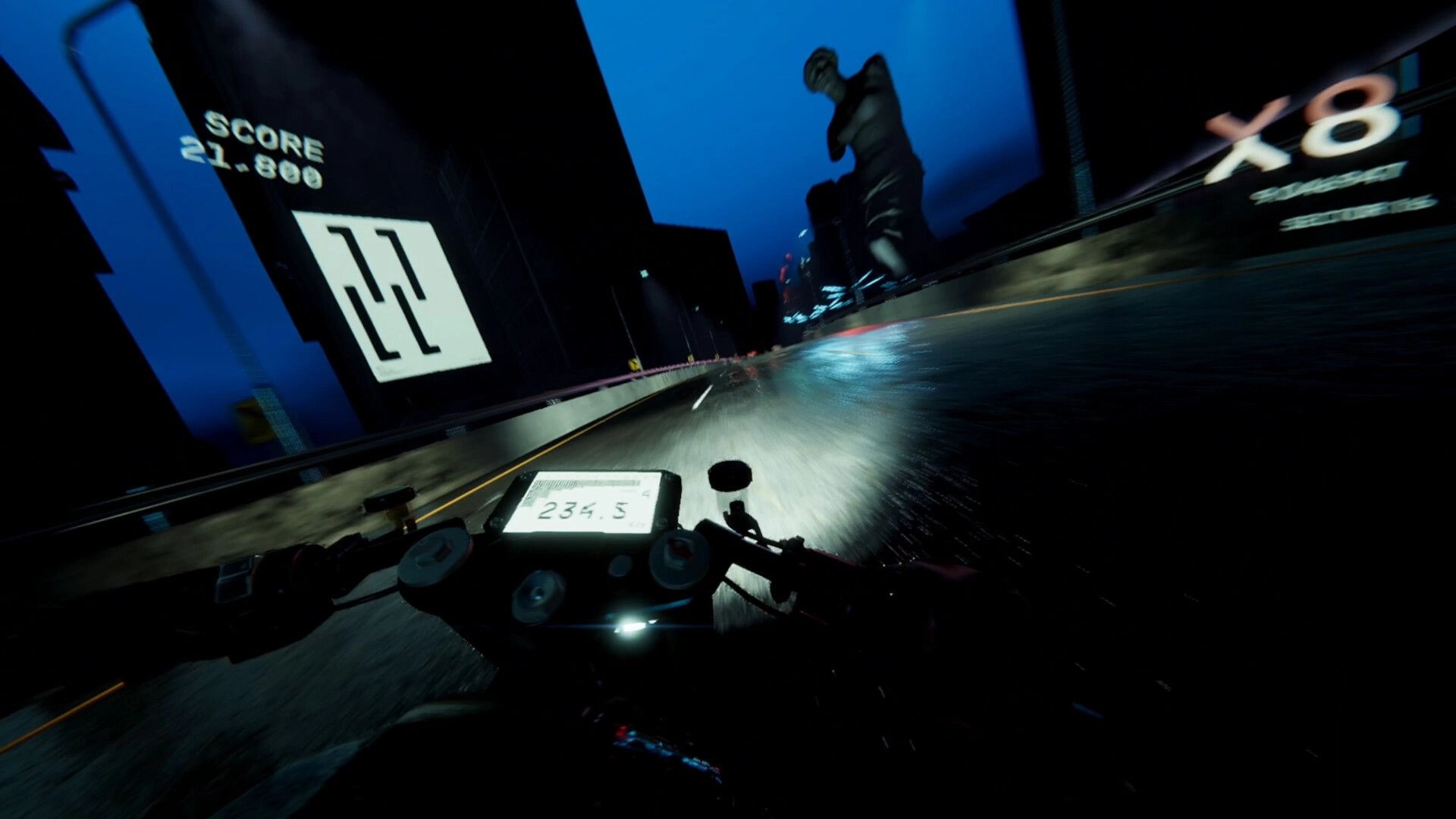 Night Run: First-person motorcycle racing at 234.5 with score HUD on neon-lit wet highway at night.
