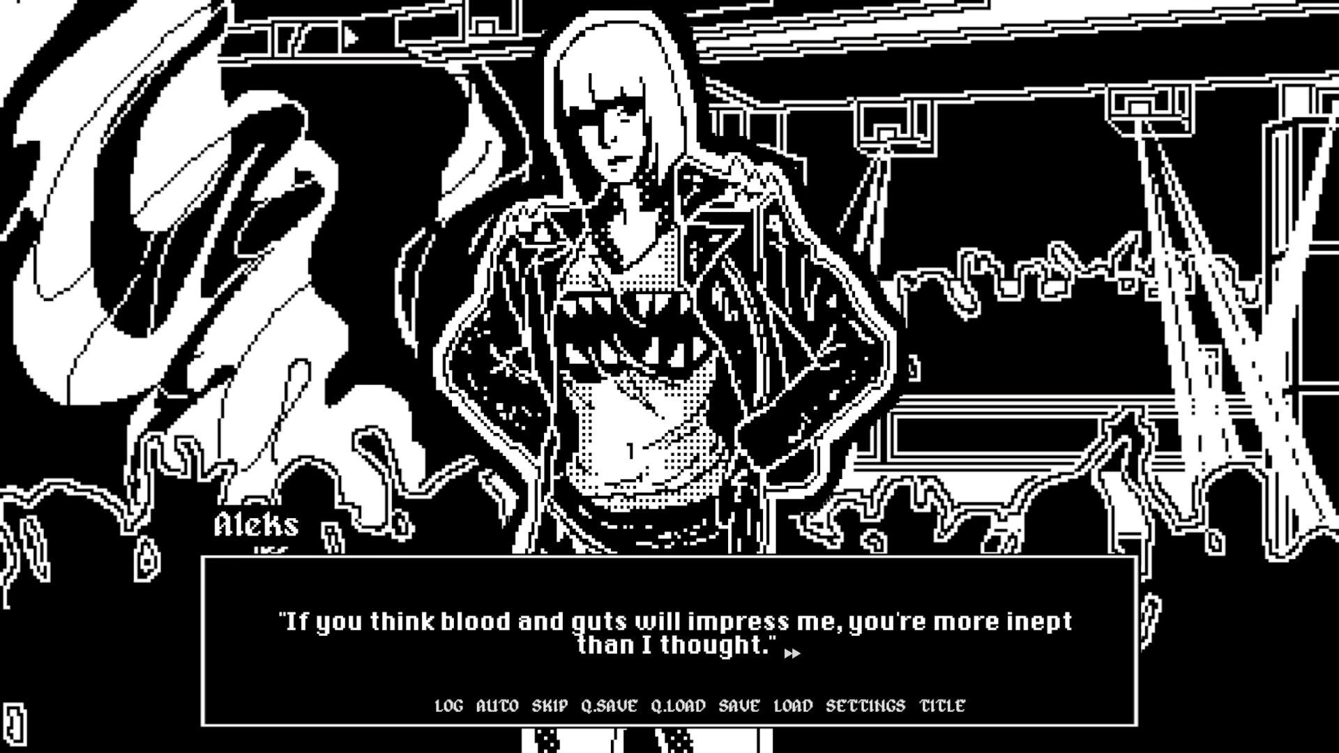 Night Shift: Dialogue scene with Aleks posing in a train car, text box and log/skip/save UI below.